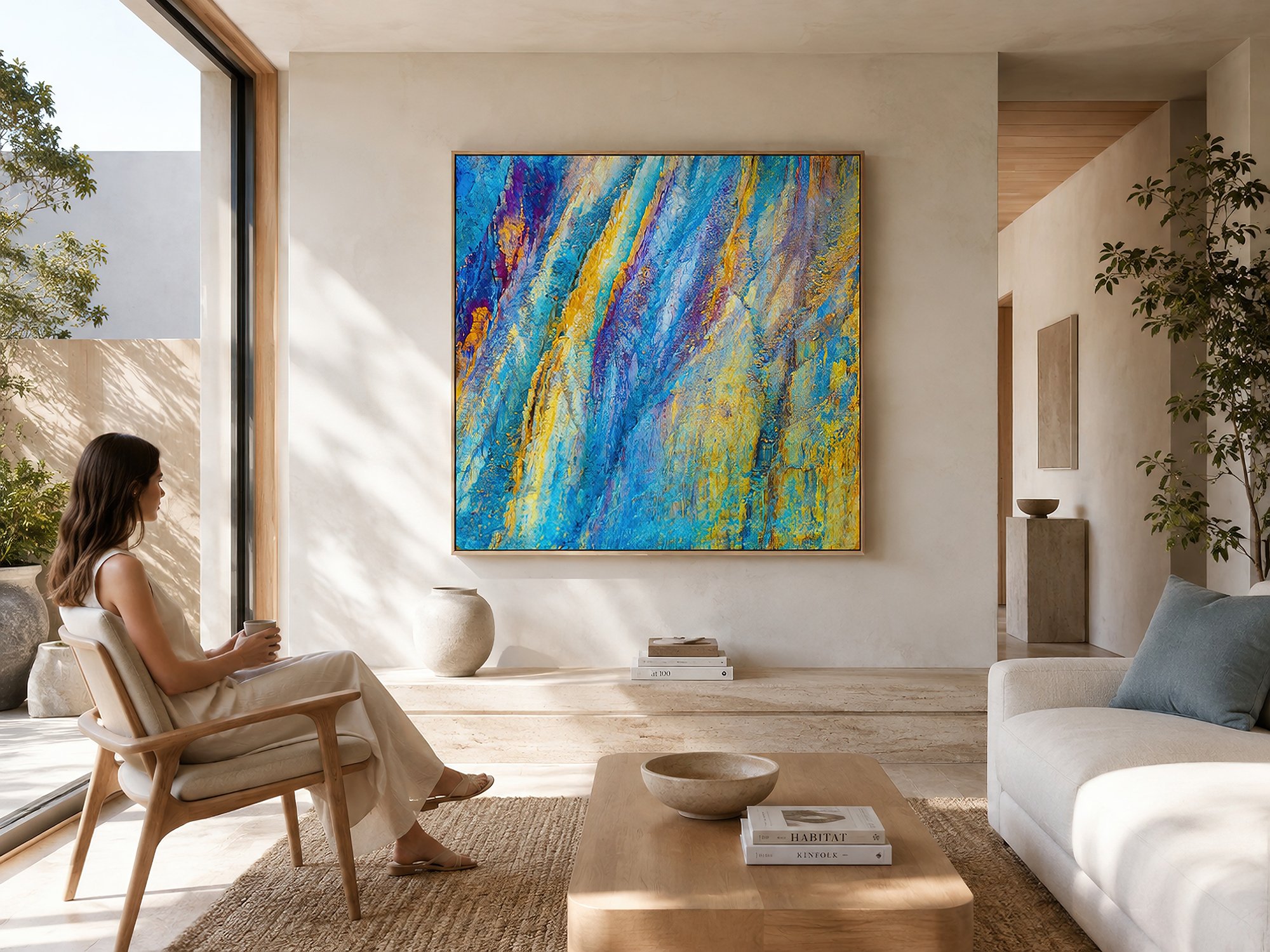 Wood-framed canvas featuring vivid blue, gold and violet mineral textures in a bright minimalist living room with warm timber, neutral furnishings, natural window light and a seated woman, by Nick Psomiadis at NIKART Studio and Gallery
