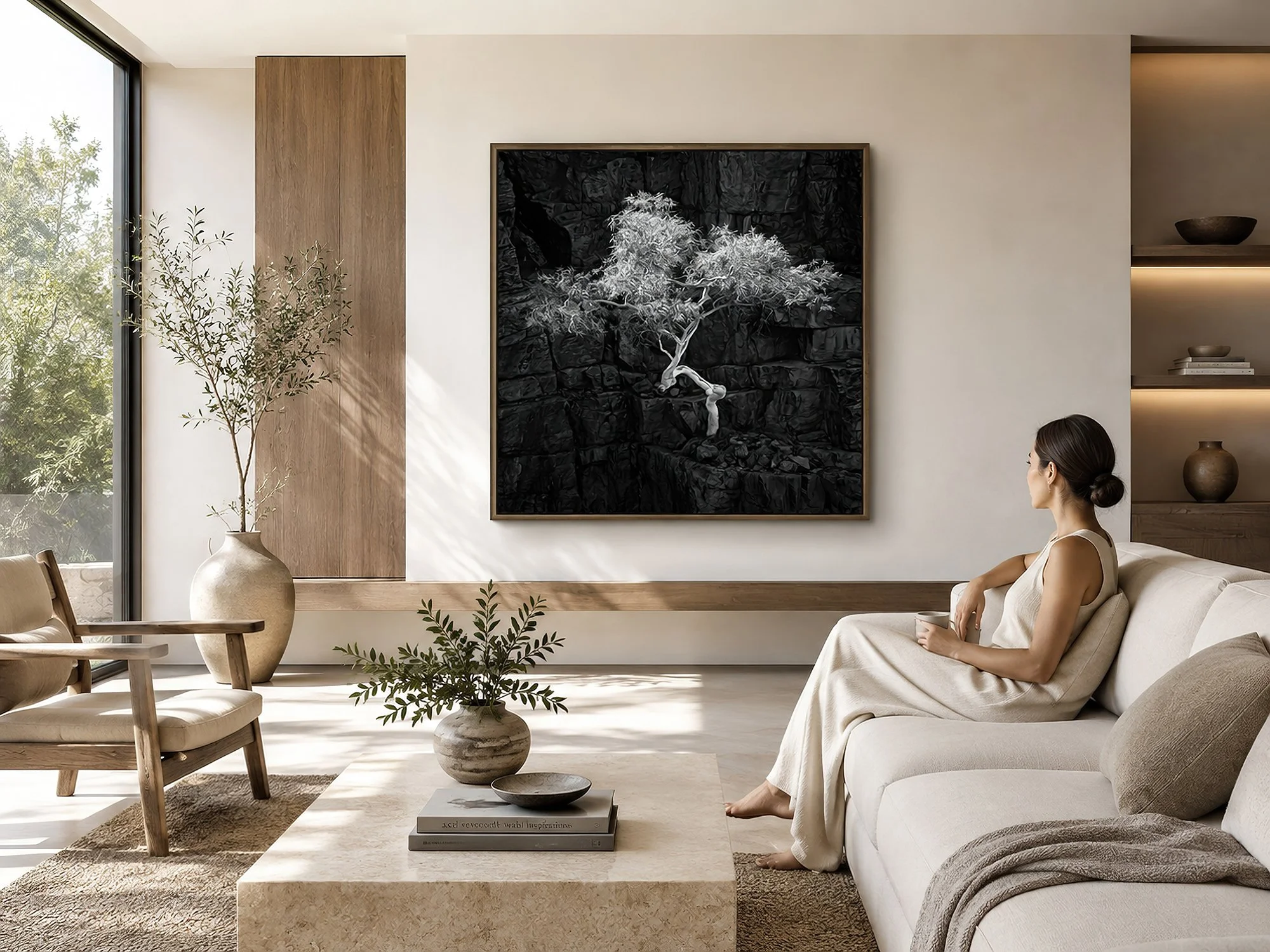 Wood-framed black-and-white snow gum canvas with luminous foliage against rugged dark rock in a bright minimalist living room with pale timber, neutral décor and a seated woman, by Nick Psomiadis at NIKART Studio and Gallery