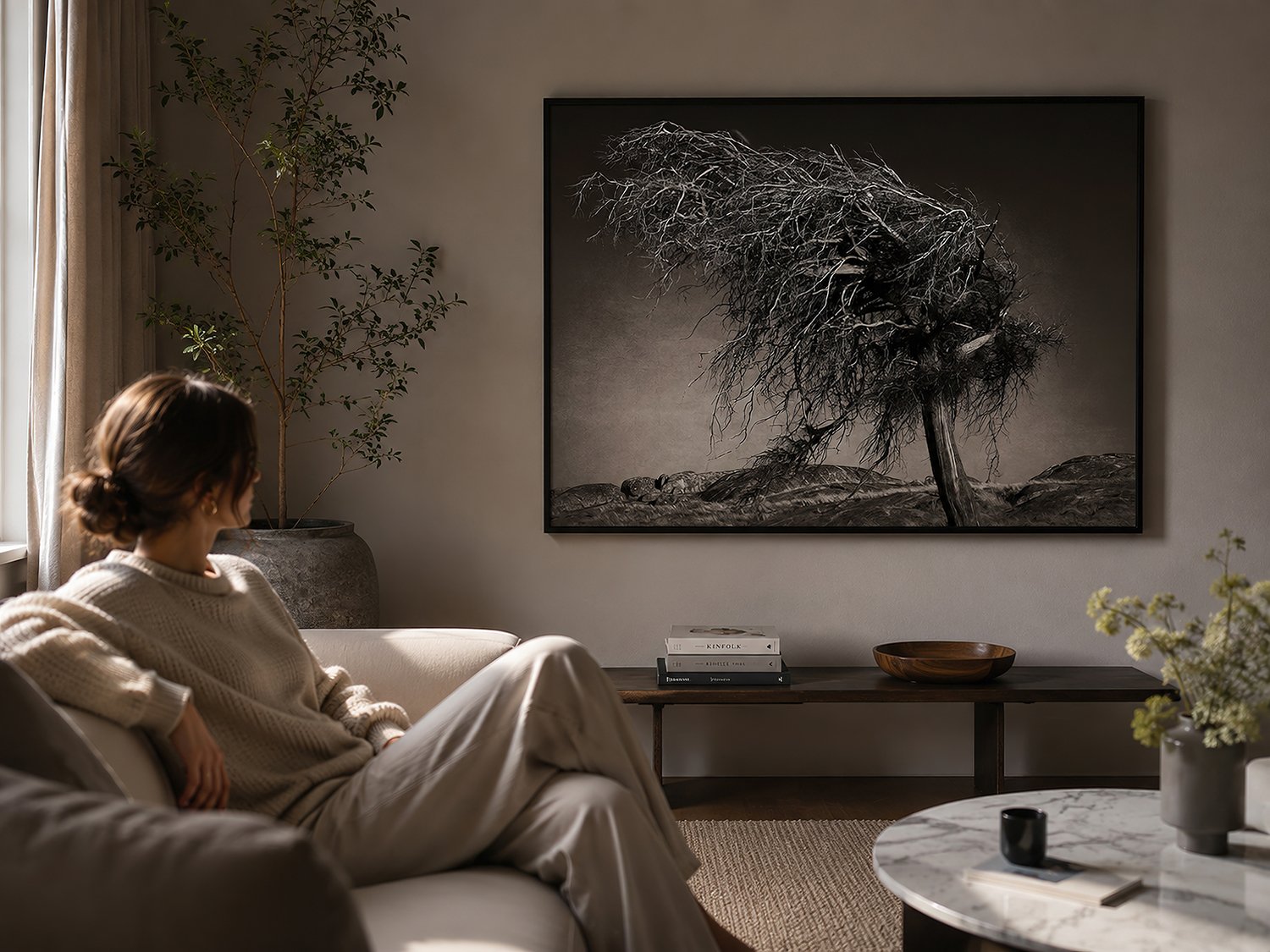 Framed NIKART Studio and Gallery black and white tree artwork in a warm living room