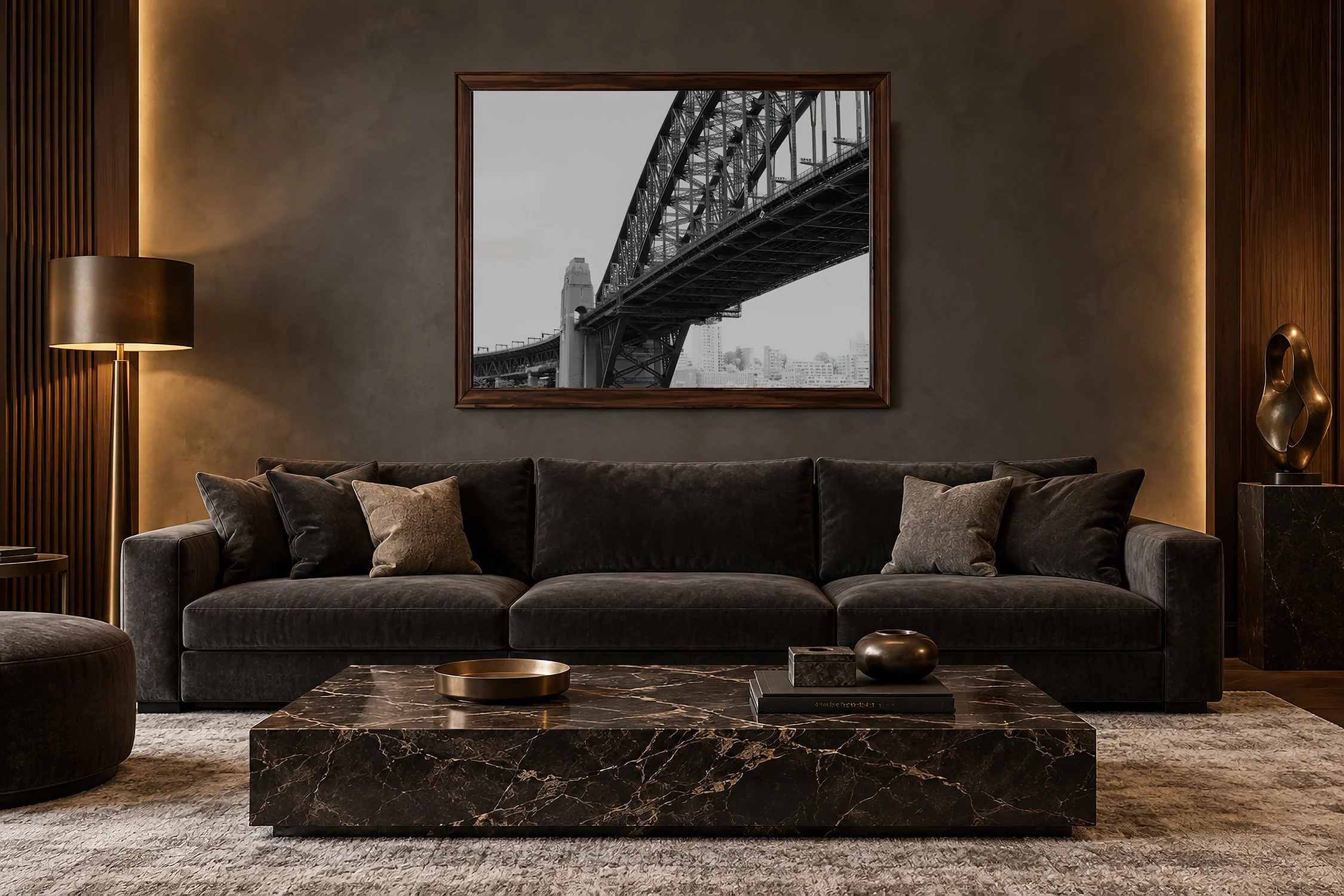Sydney Harbour Bridge fine art photography print by Nick Psomiadis in a dark timber frame above a velvet sofa, NIKART.
