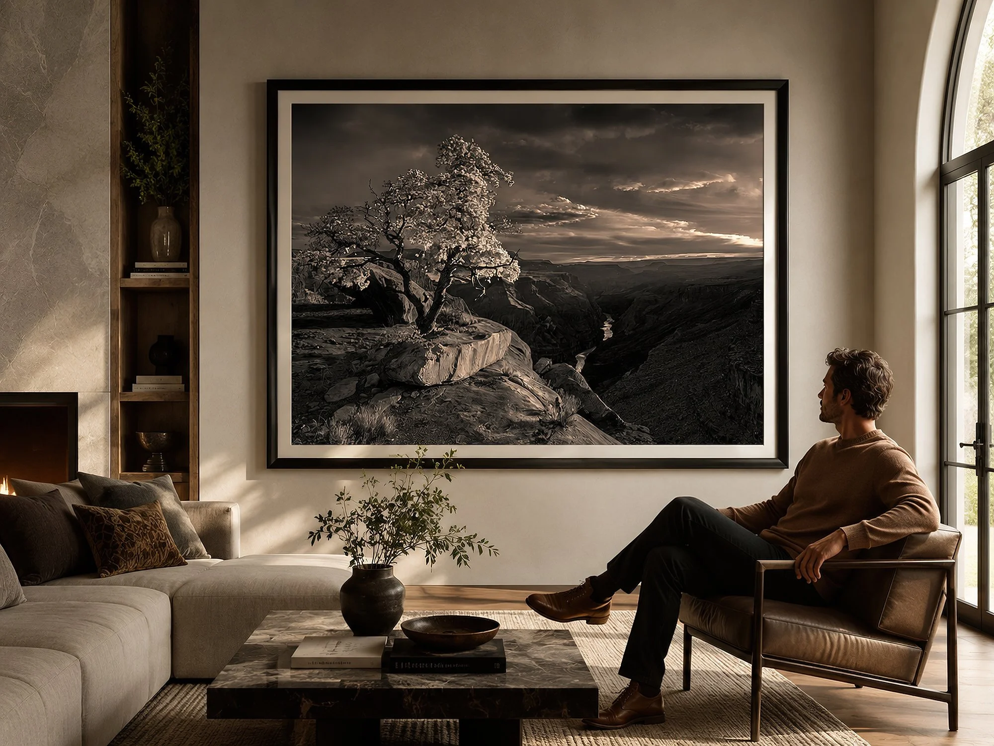 Framed black-and-white Grand Canyon photograph displayed in an elegant living room with a seated man.
