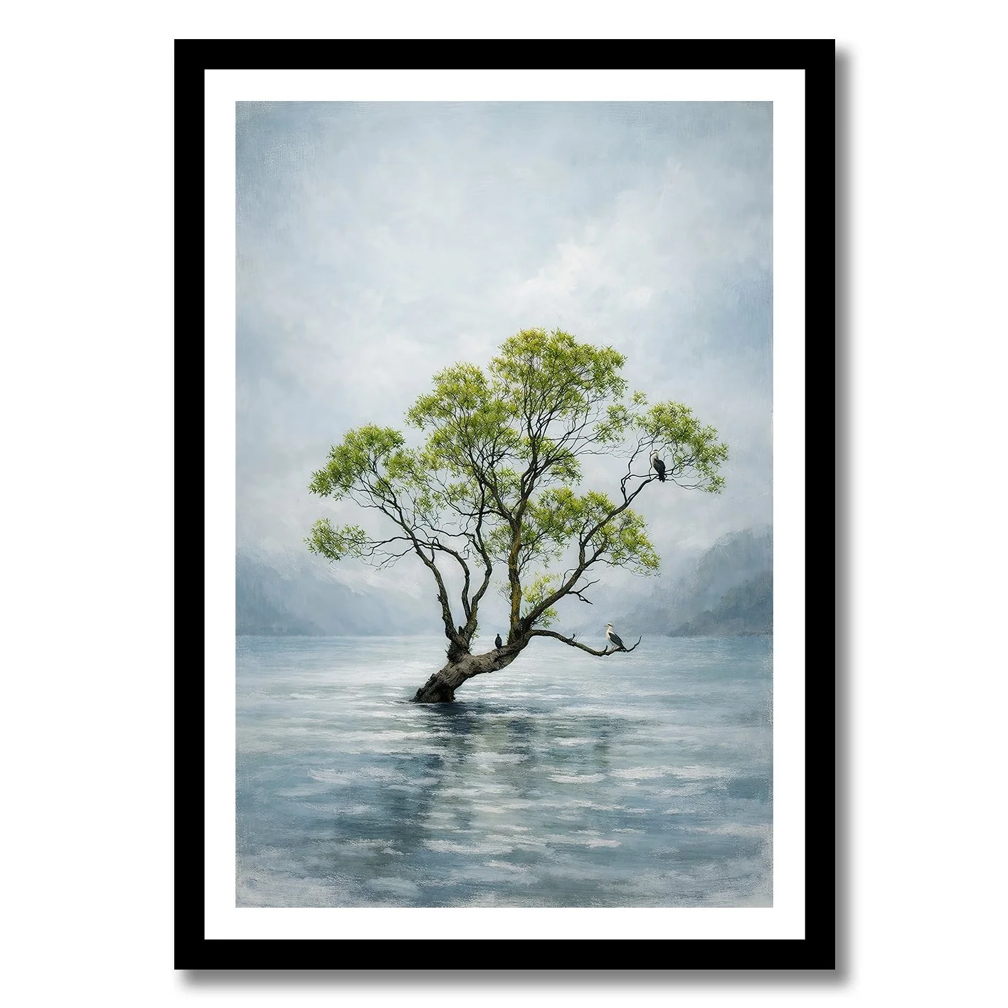 Photograph of the Wanaka Tree in water with a soft painterly effect and misty background