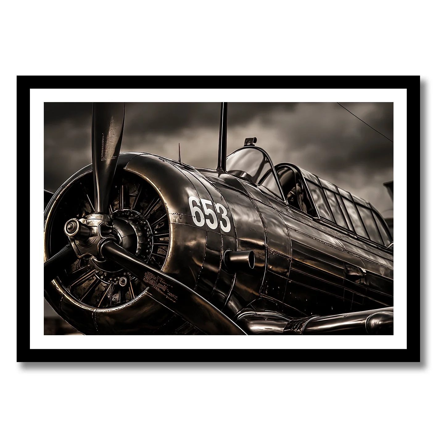 close-up metallic photograph of aircraft engine and fuselage with high contrast finish