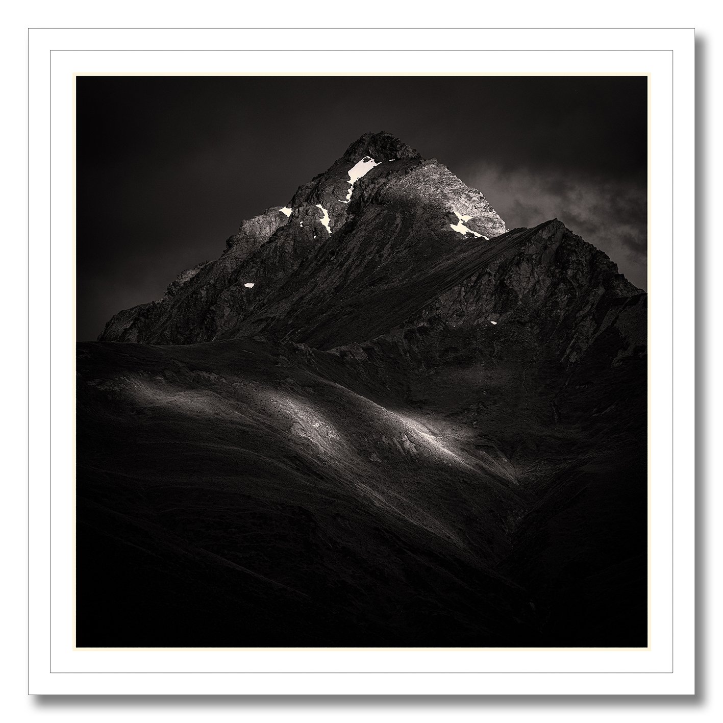 Black and white mountain landscape photograph in New Zealand