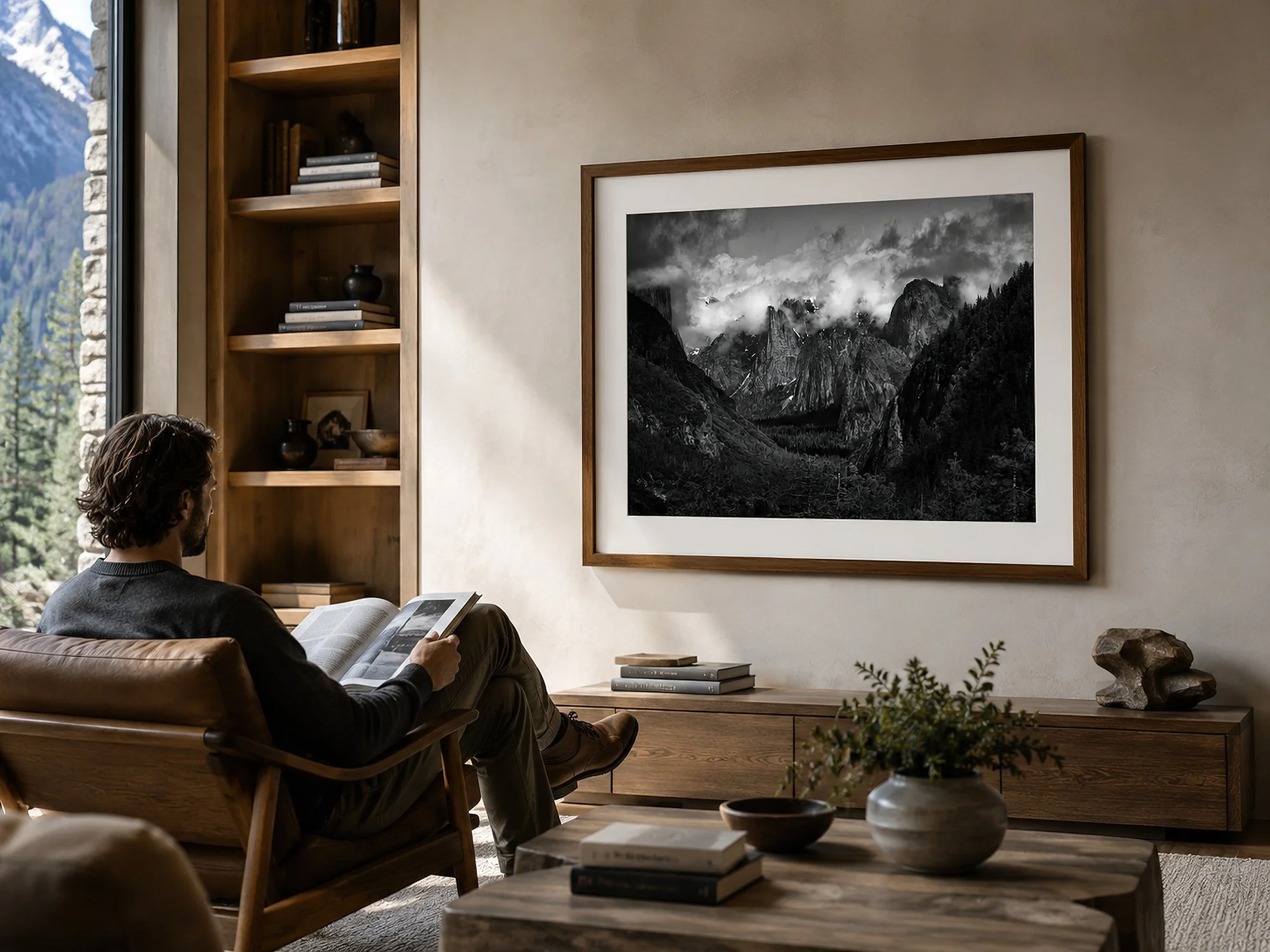 Framed black-and-white Yosemite photograph displayed in a warm mountain retreat with a seated man reading nearby.
