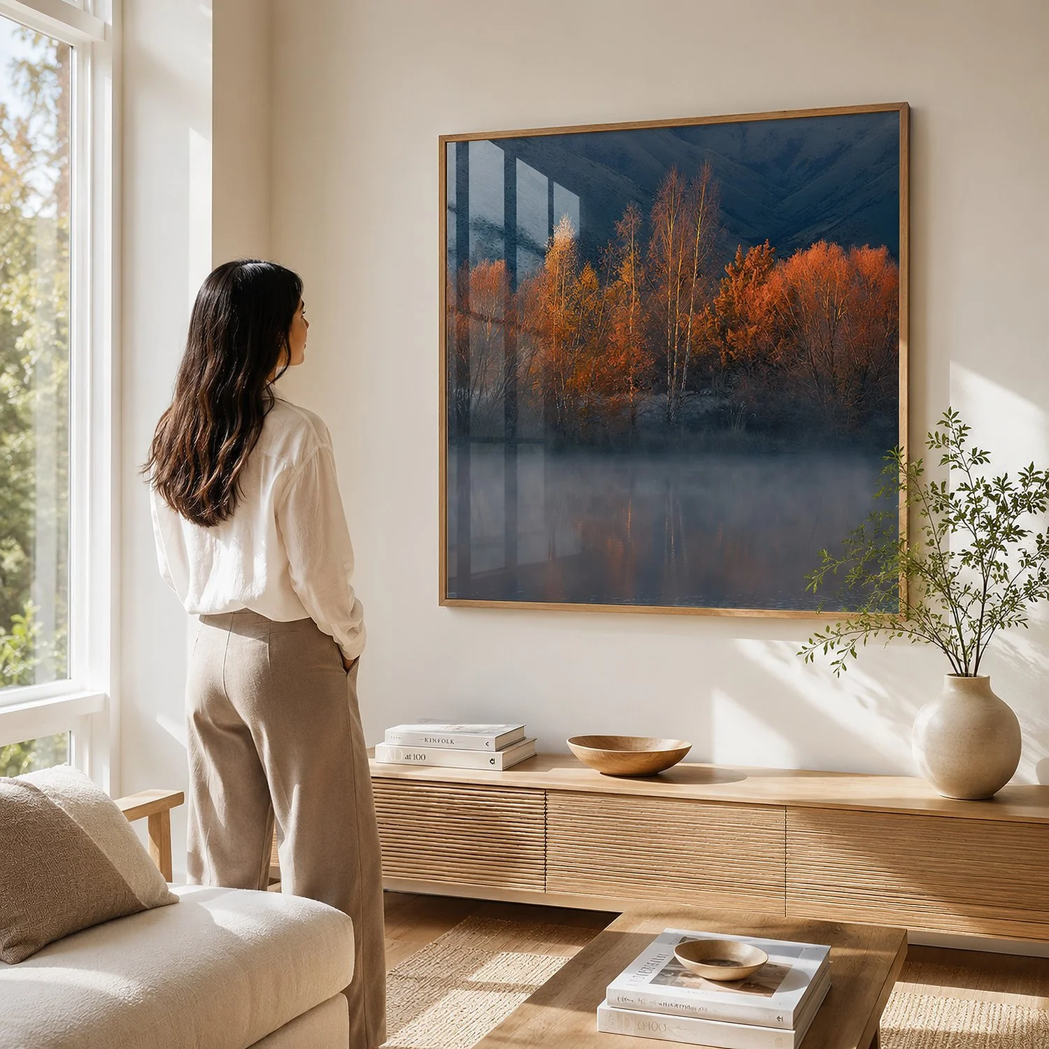 Bright sunlit living room with a woman viewing a square autumn landscape photograph in a light timber frame with glass reflections by Nick Psomiadis at NIKART Studio and Gallery