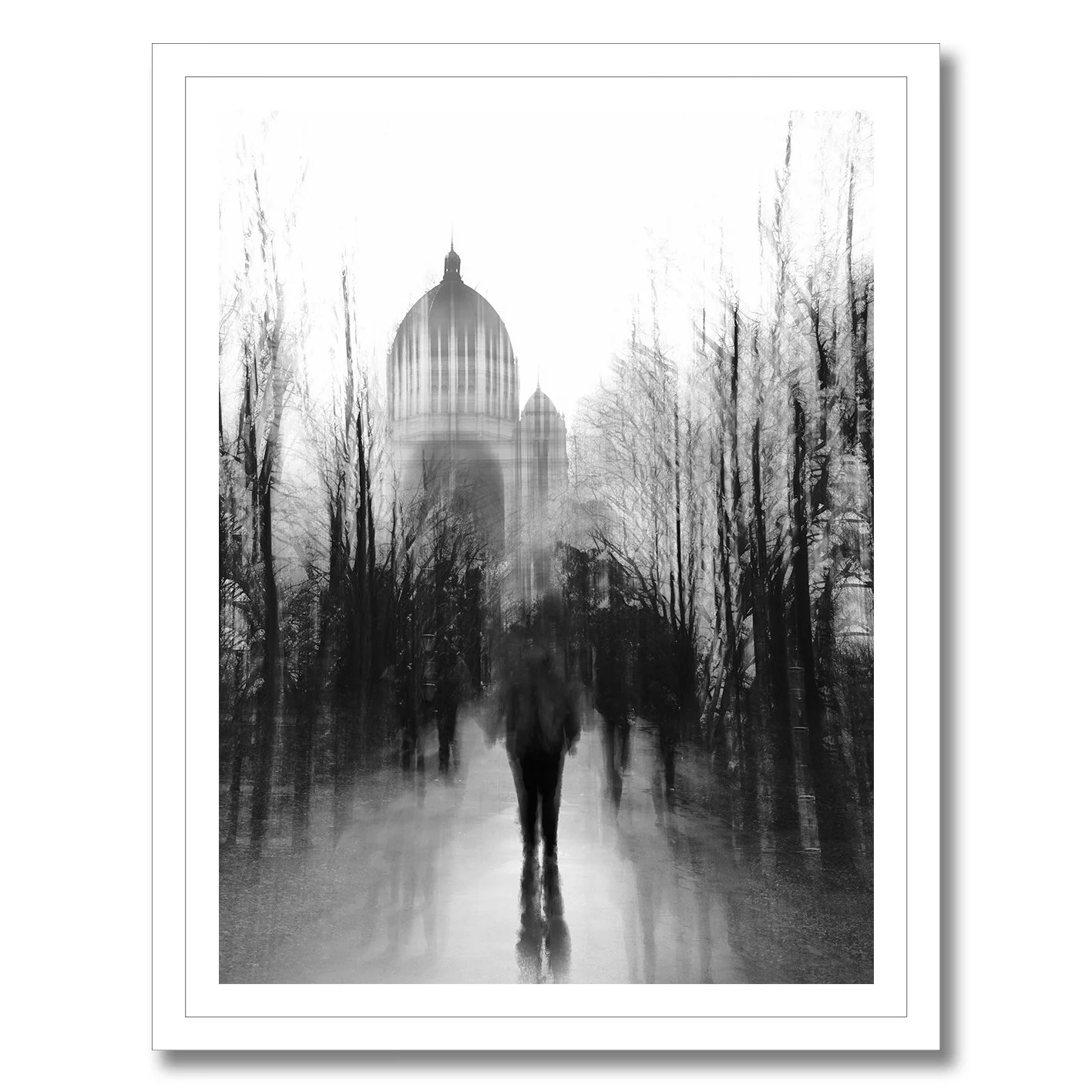black and white abstract city park photograph with domed building