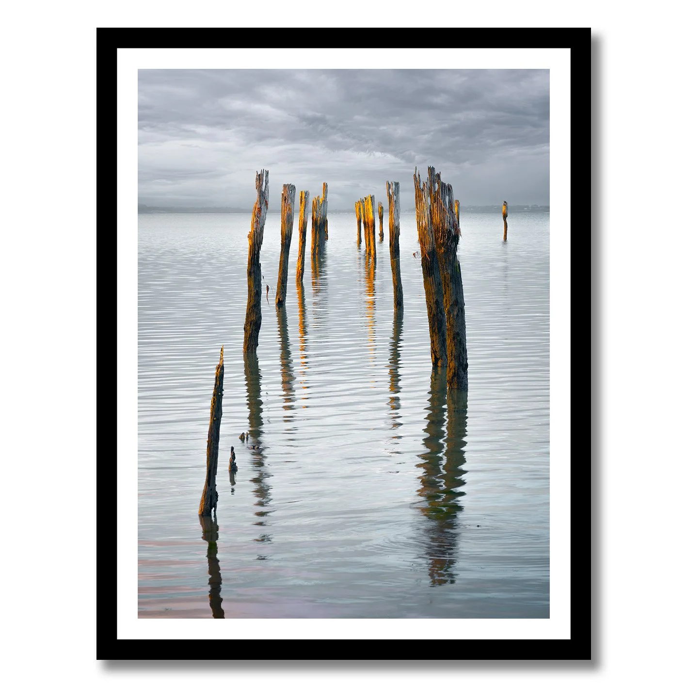 Photograph of old jetty pylons reflecting in calm water at Tenby Point, Victoria