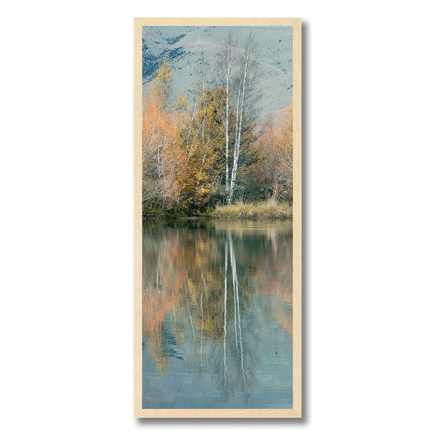 fine art photograph of autumn trees reflected in calm water near twizel new zealand
