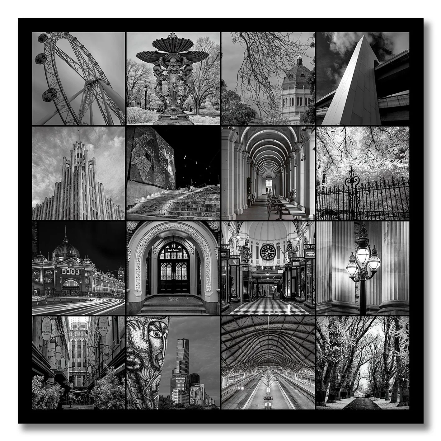 black and white collage of melbourne architecture and landmarks photography