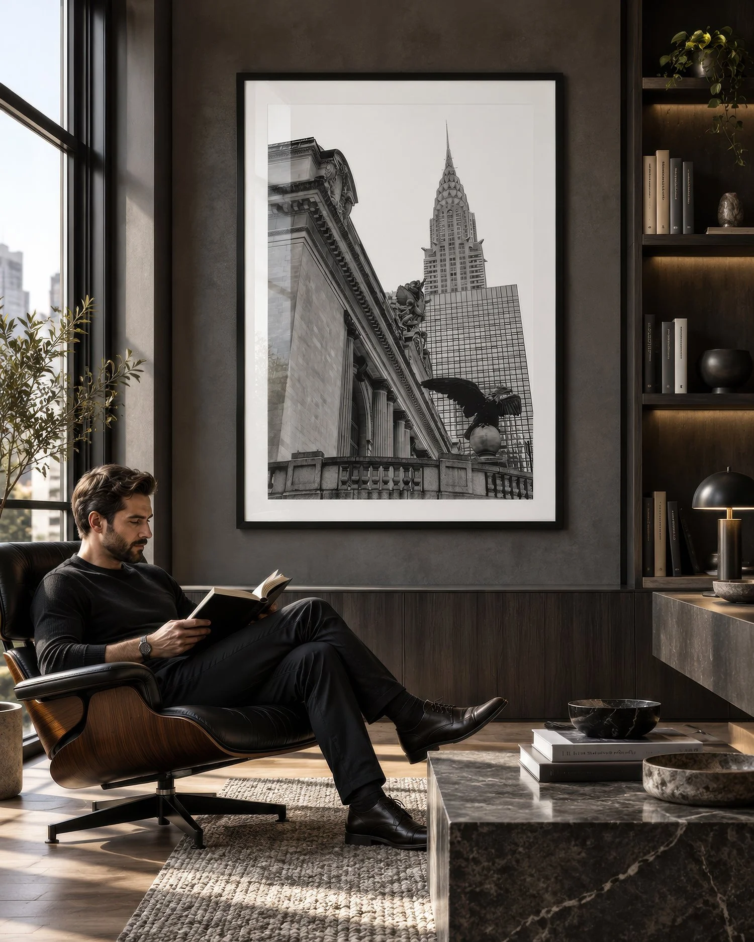 Black and white photograph of Grand Central and the Chrysler Building in a black frame, displayed in a masculine study by Nick Psomiadis at NIKART Studio and Gallery.