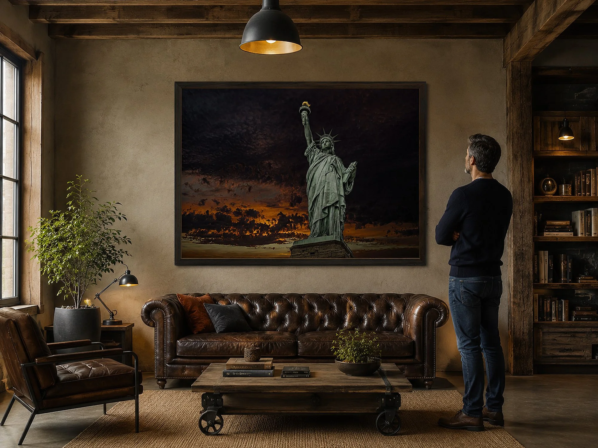 Framed Statue of Liberty sunset photograph displayed in a rustic industrial loft with a man standing nearby.
