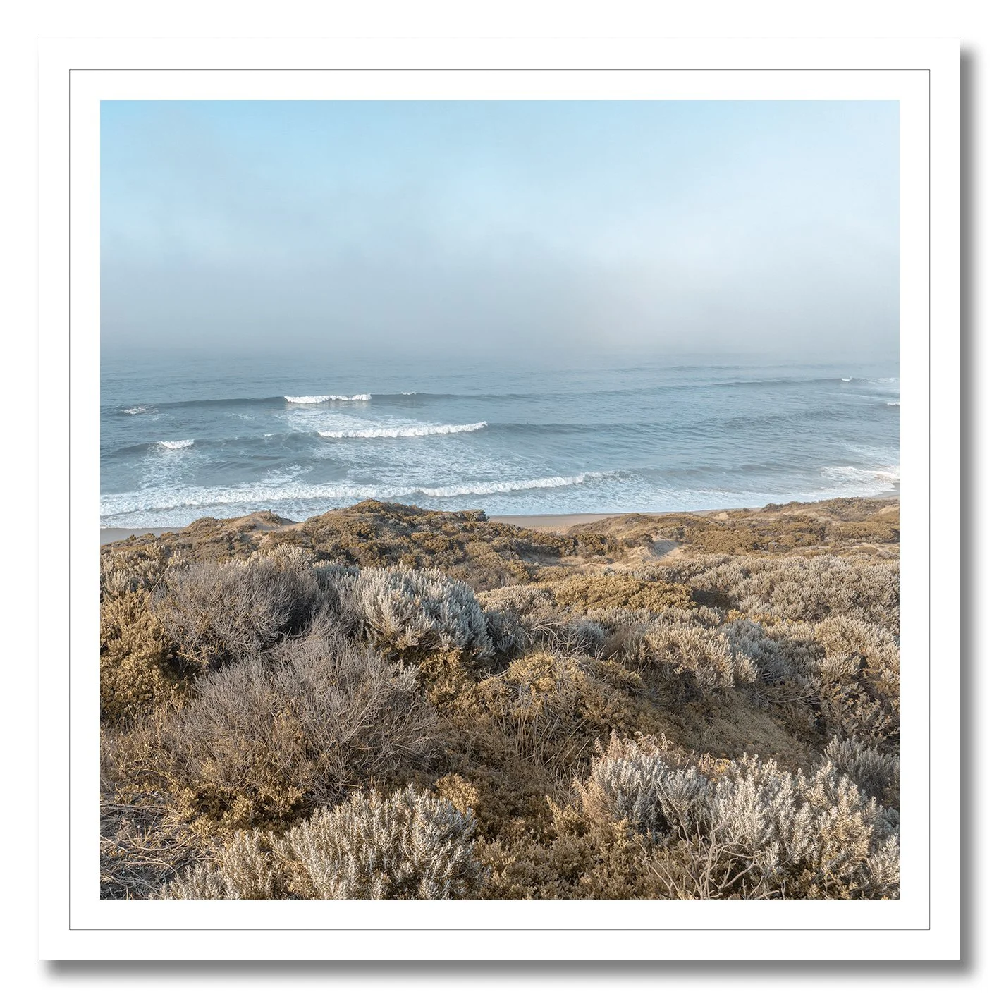 Fine art photograph of misty coastal dunes and waves at Sorrento beach