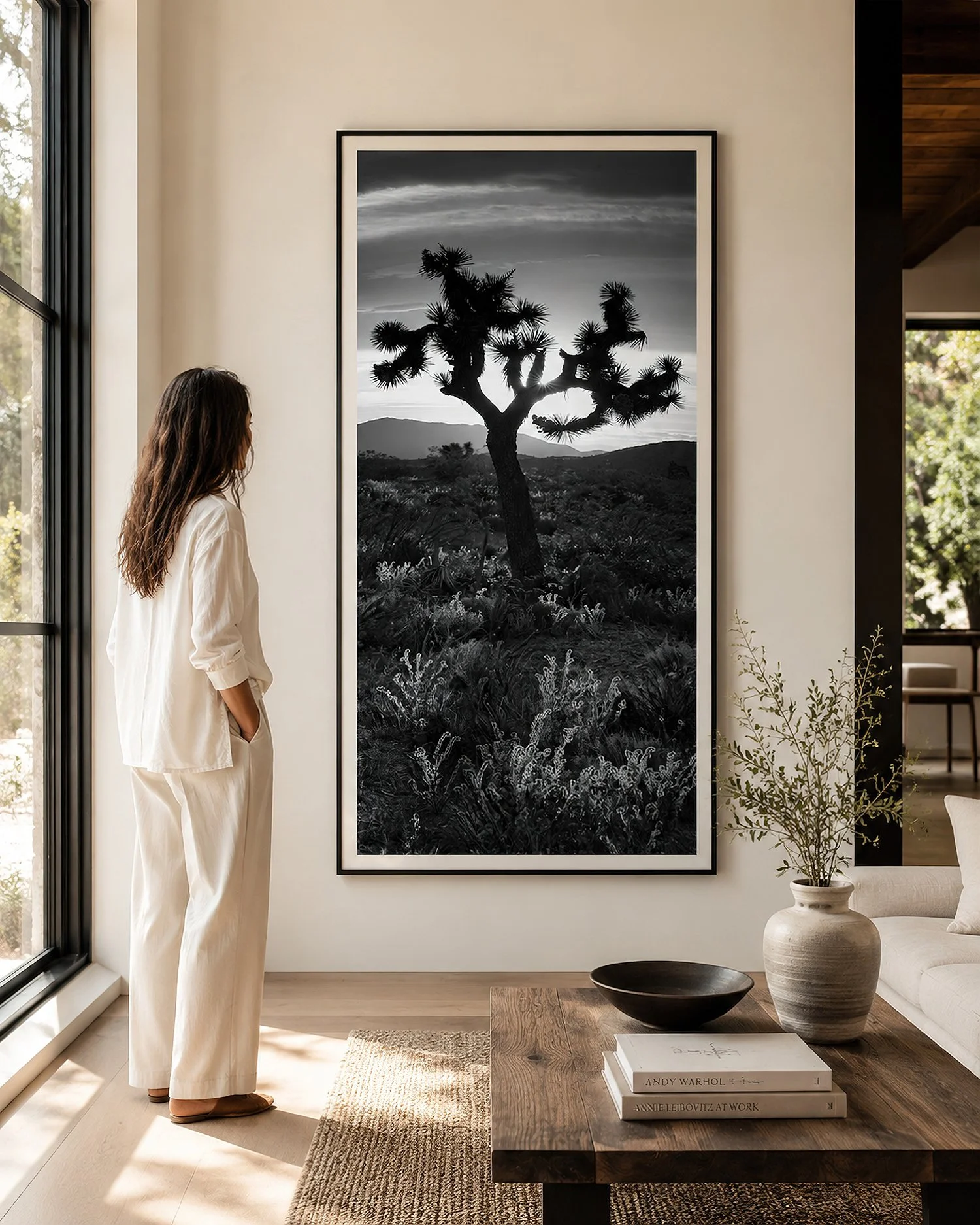 Bright modern living room with a black-framed Joshua tree photograph, narrow off-white mat and a woman viewing the artwork by Nick Psomiadis at NIKART Studio and Gallery