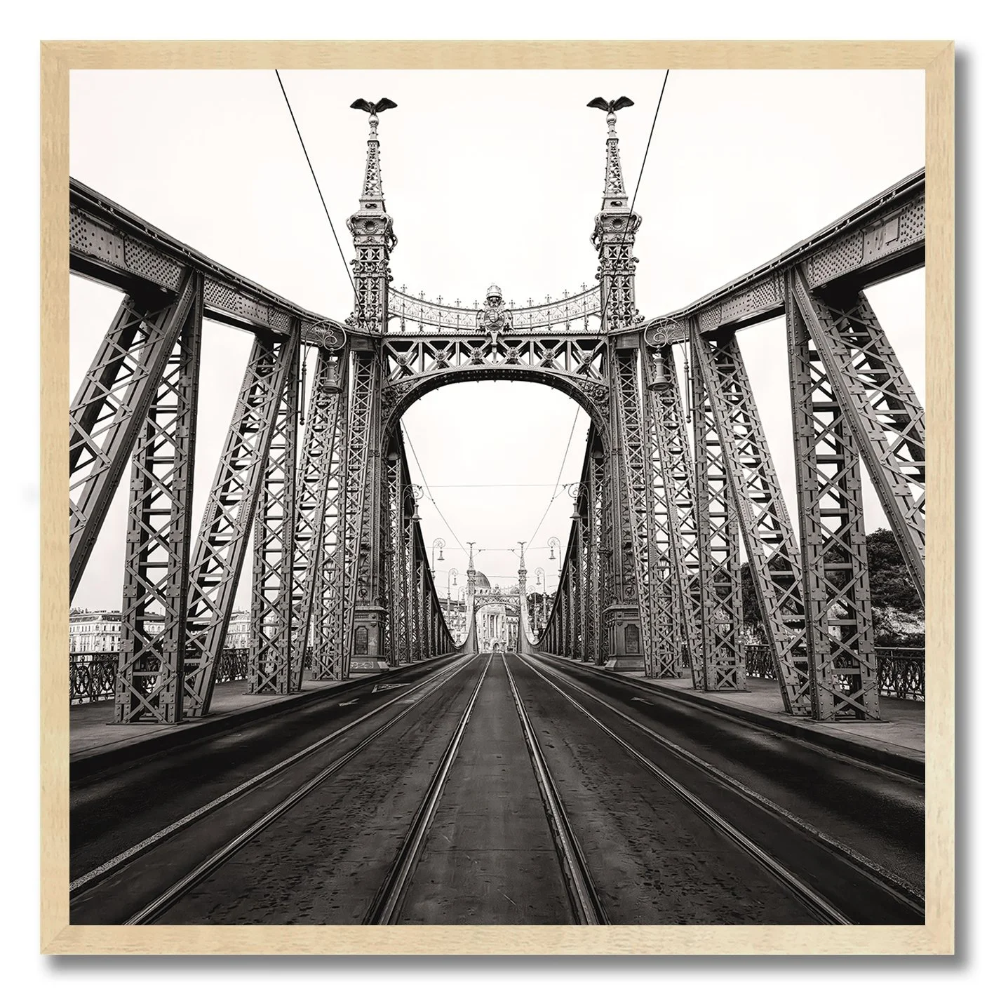 Black and white photograph of Liberty Bridge in Budapest with tramlines