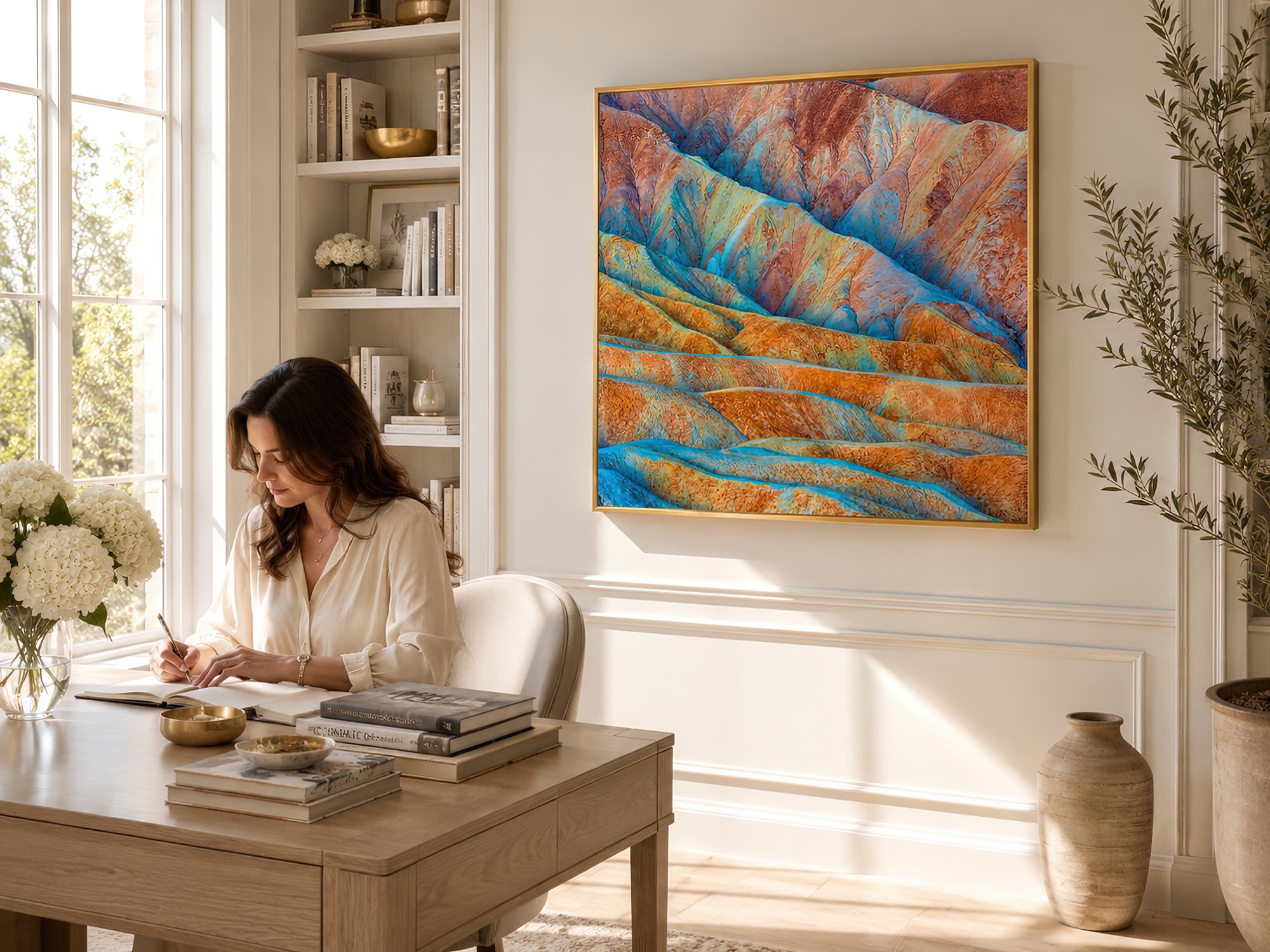 Bright women’s study with a woman writing beside a gold-framed colourful desert landscape photograph by Nick Psomiadis at NIKART Studio and Gallery