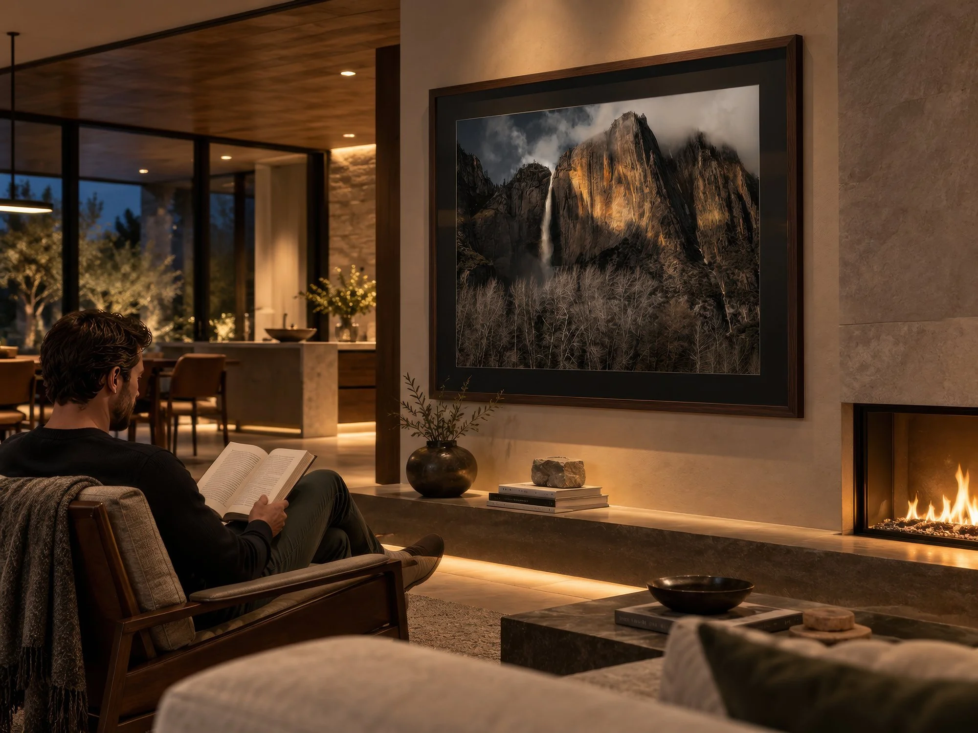 Framed Yosemite Falls photograph with dramatic waterfall and golden granite in a contemporary fireside interior, by Nick Psomiadis at NIKART Studio and Gallery
