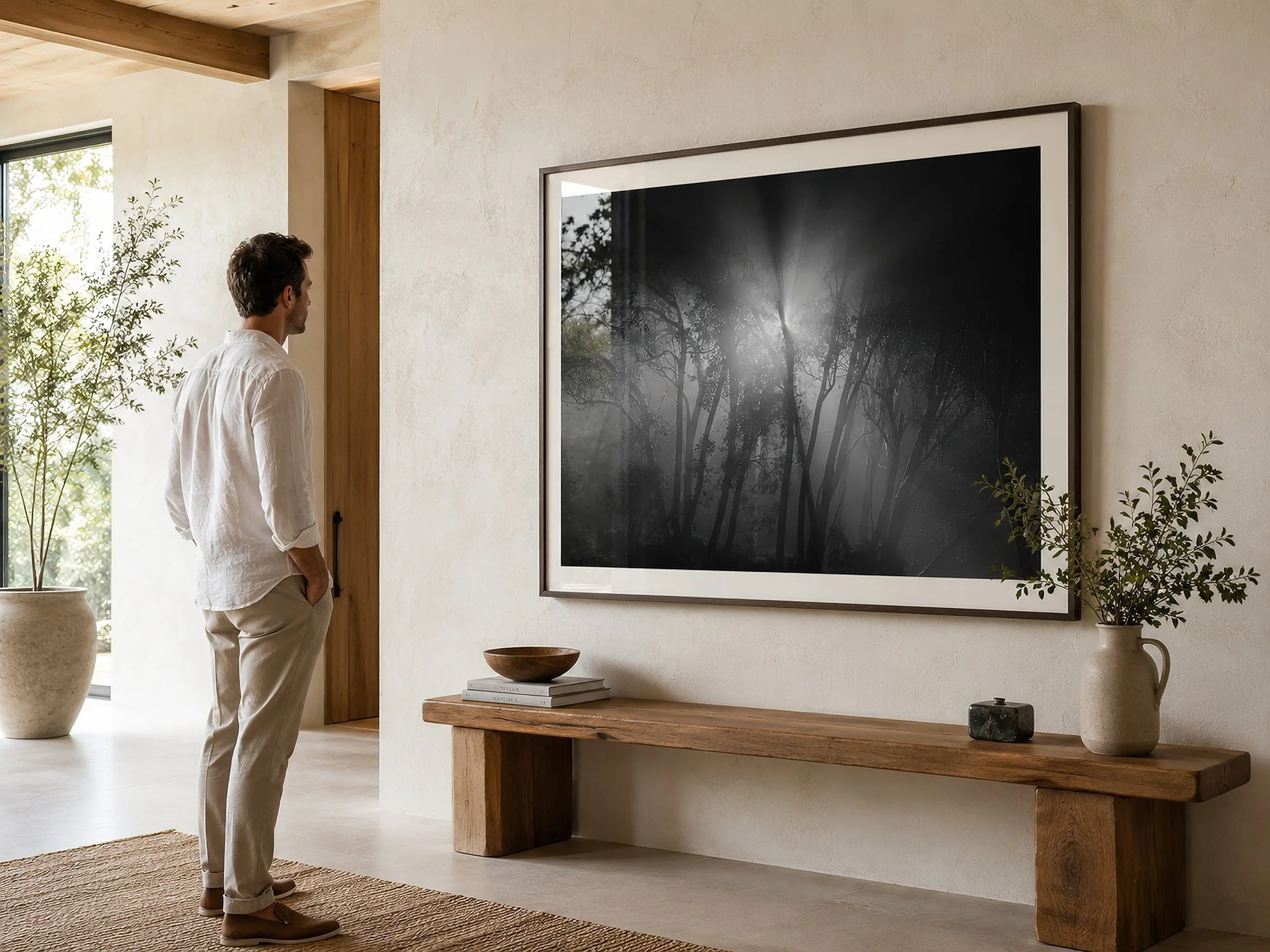 Large framed monochrome forest photograph displayed above a rustic timber bench in a bright contemporary interior, with a man viewing the artwork by Nick Psomiadis at NIKART Studio and Gallery
