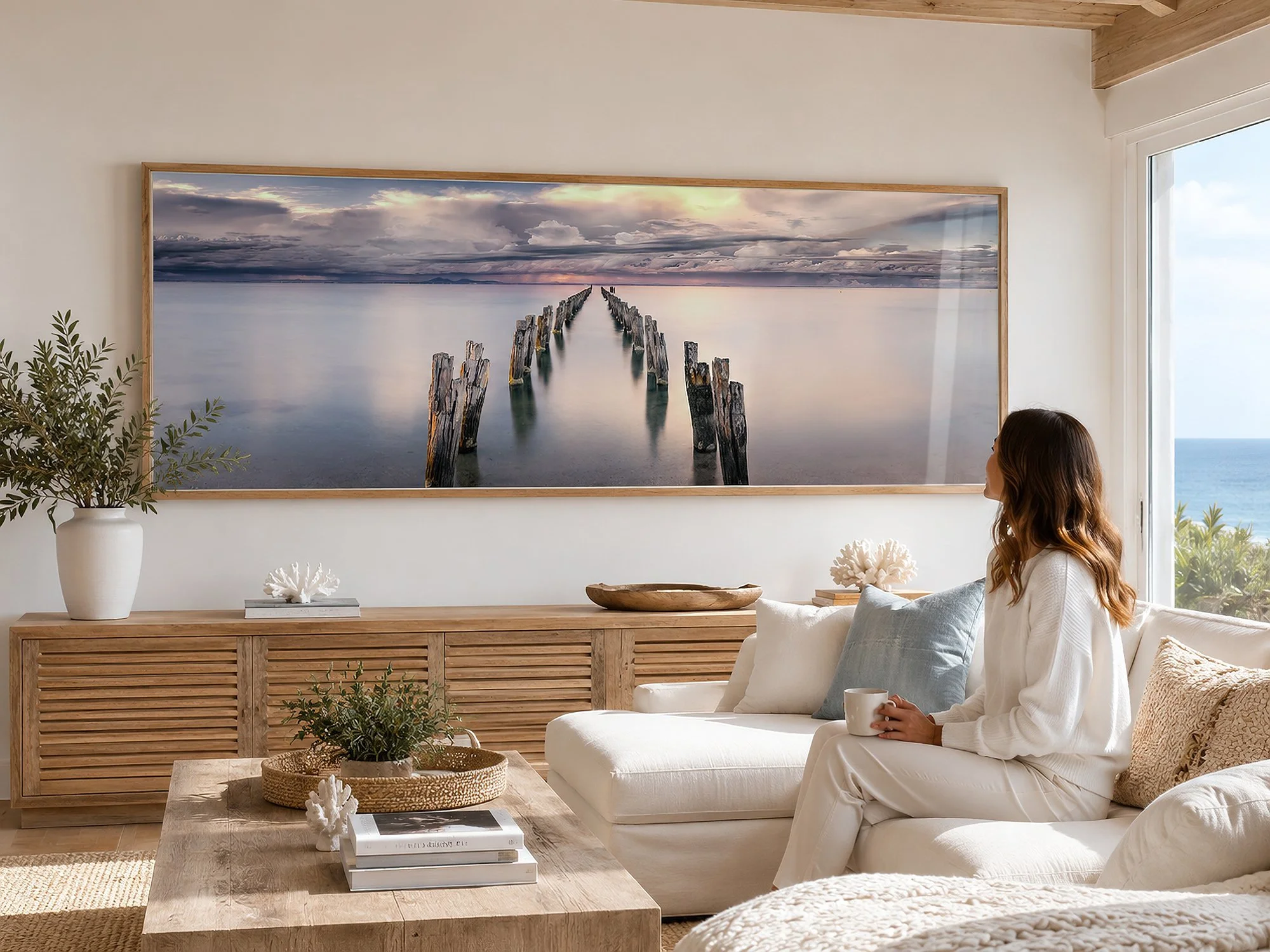 Bright coastal living room featuring a seated woman beside a light timber-framed panoramic photograph of weathered pylons at Clifton Springs under a dramatic sky, by Nick Psomiadis at NIKART Studio and Gallery.