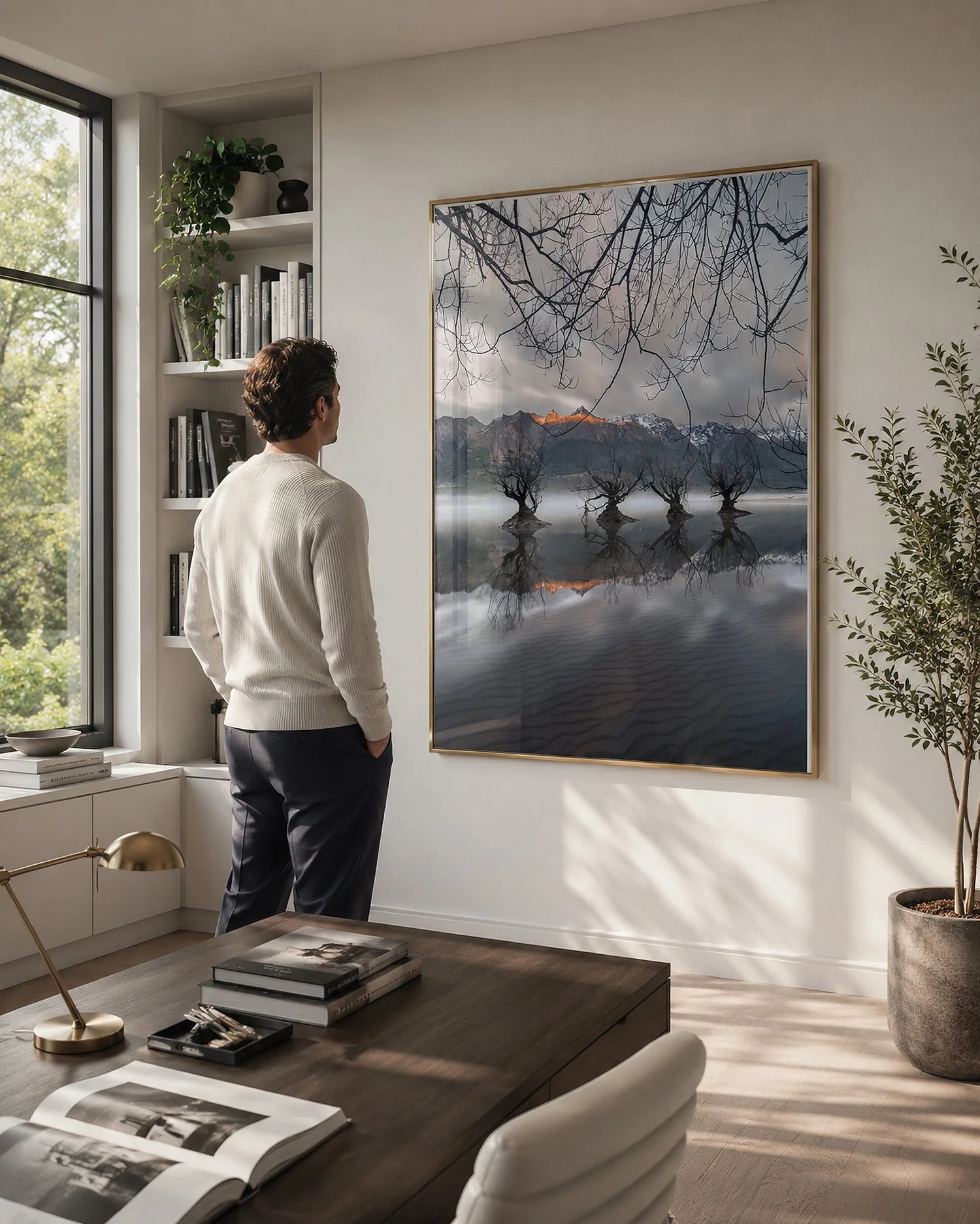 Bright modern home office with a man viewing a large framed willow tree and mountain reflection photograph with glass reflections by Nick Psomiadis at NIKART Studio and Gallery