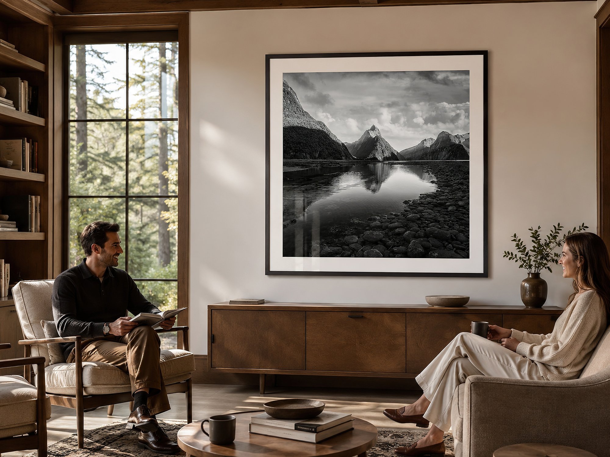 Framed square black-and-white Milford Sound photograph displayed in a sunlit timber-accented living room with two people seated and conversing by Nick Psomiadis at NIKART Studio and Gallery