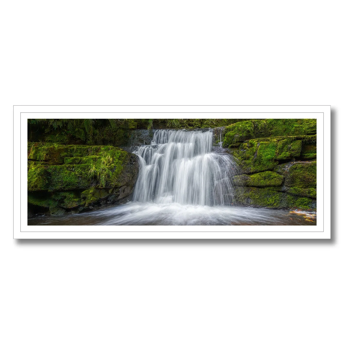 fine art photograph of mclean falls waterfall catlins new zealand with moss covered rocks