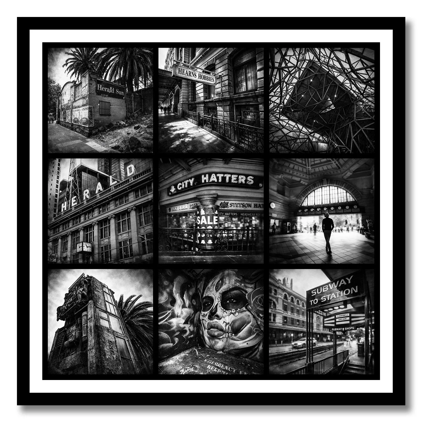 Black and white photograph collage of Flinders Street Melbourne architecture