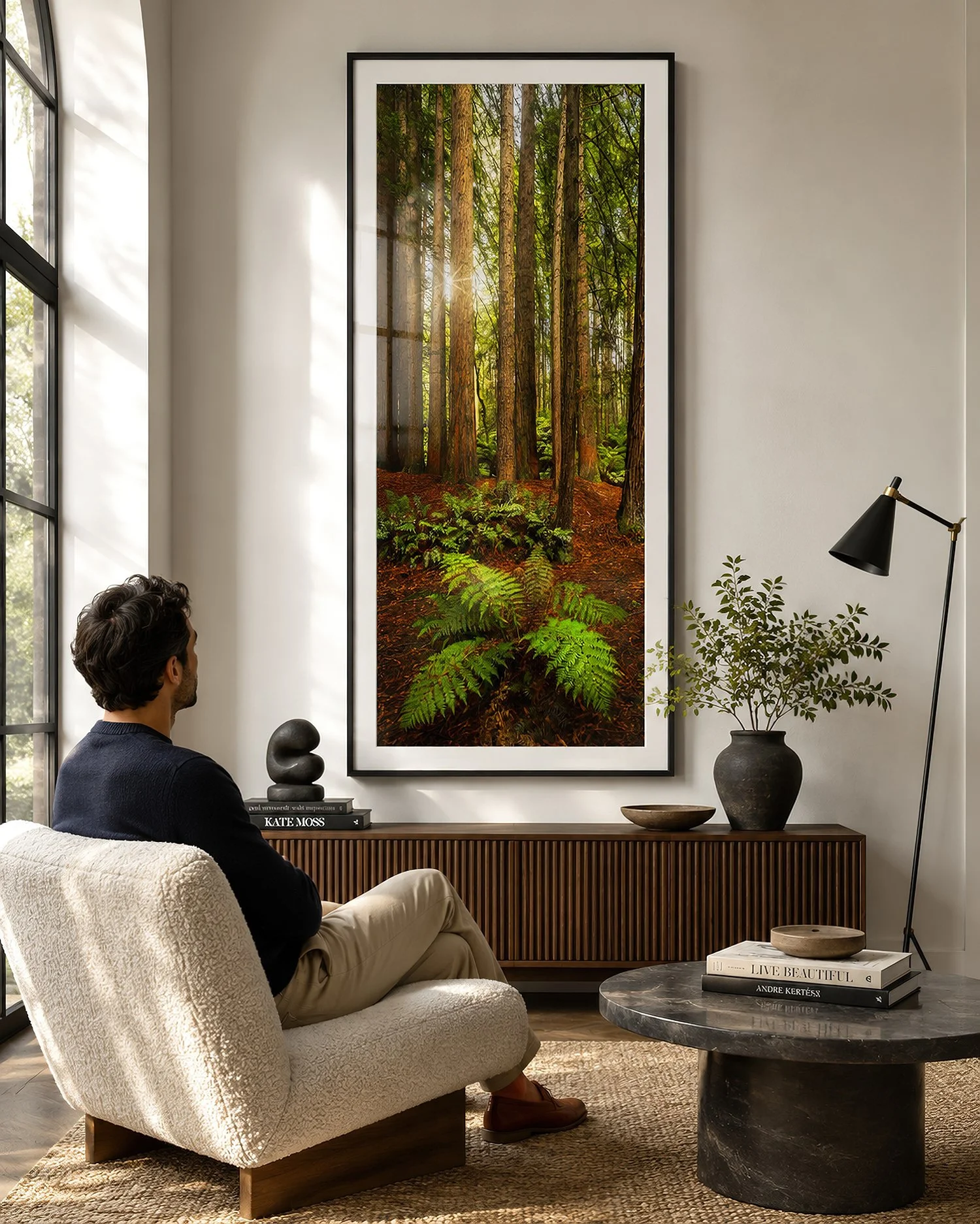 Seated man viewing a framed redwood forest photograph in a naturally lit modern living room with glass reflections by Nick Psomiadis at NIKART Studio and Gallery