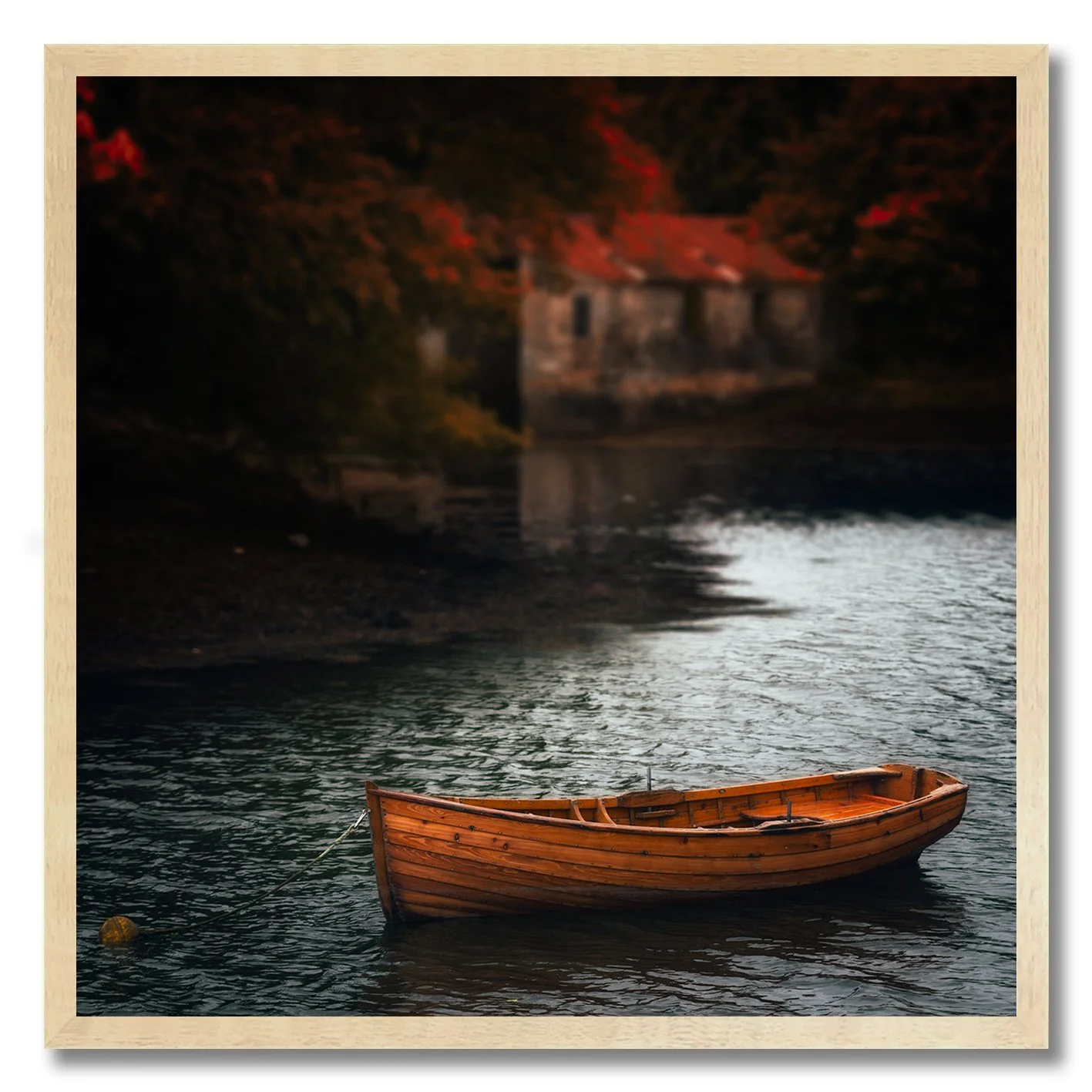Fine art photograph of wooden boat floating on calm water in Ireland