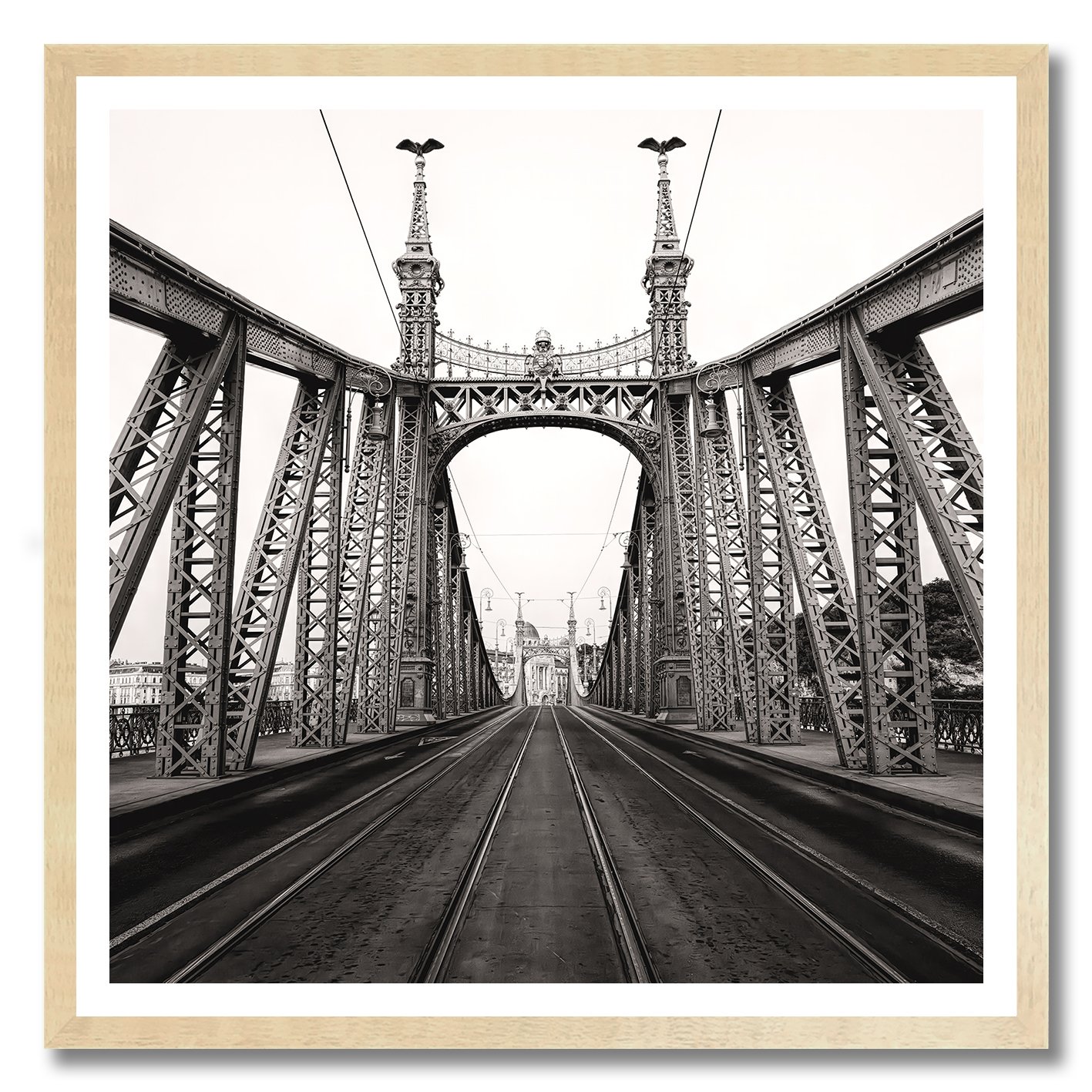 Black and white photograph of Liberty Bridge in Budapest with tramlines