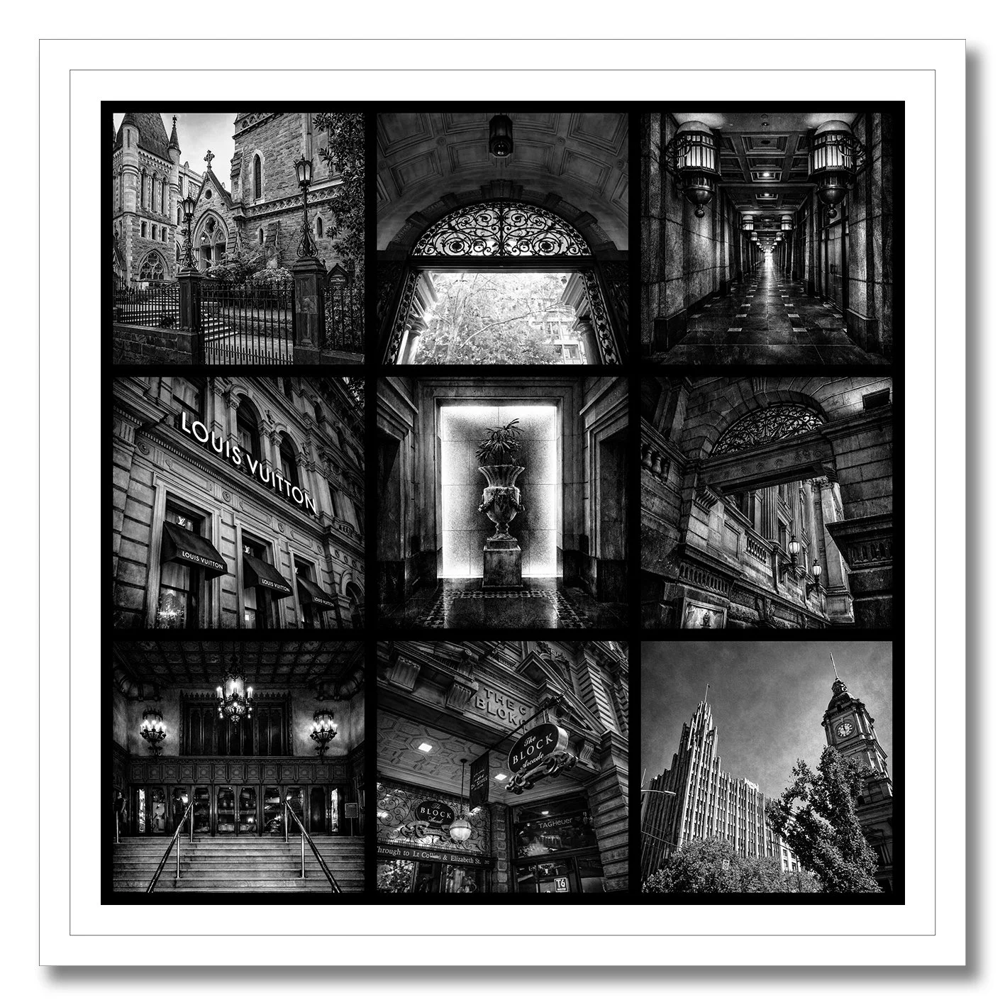 black and white photography collage of collins street melbourne architecture