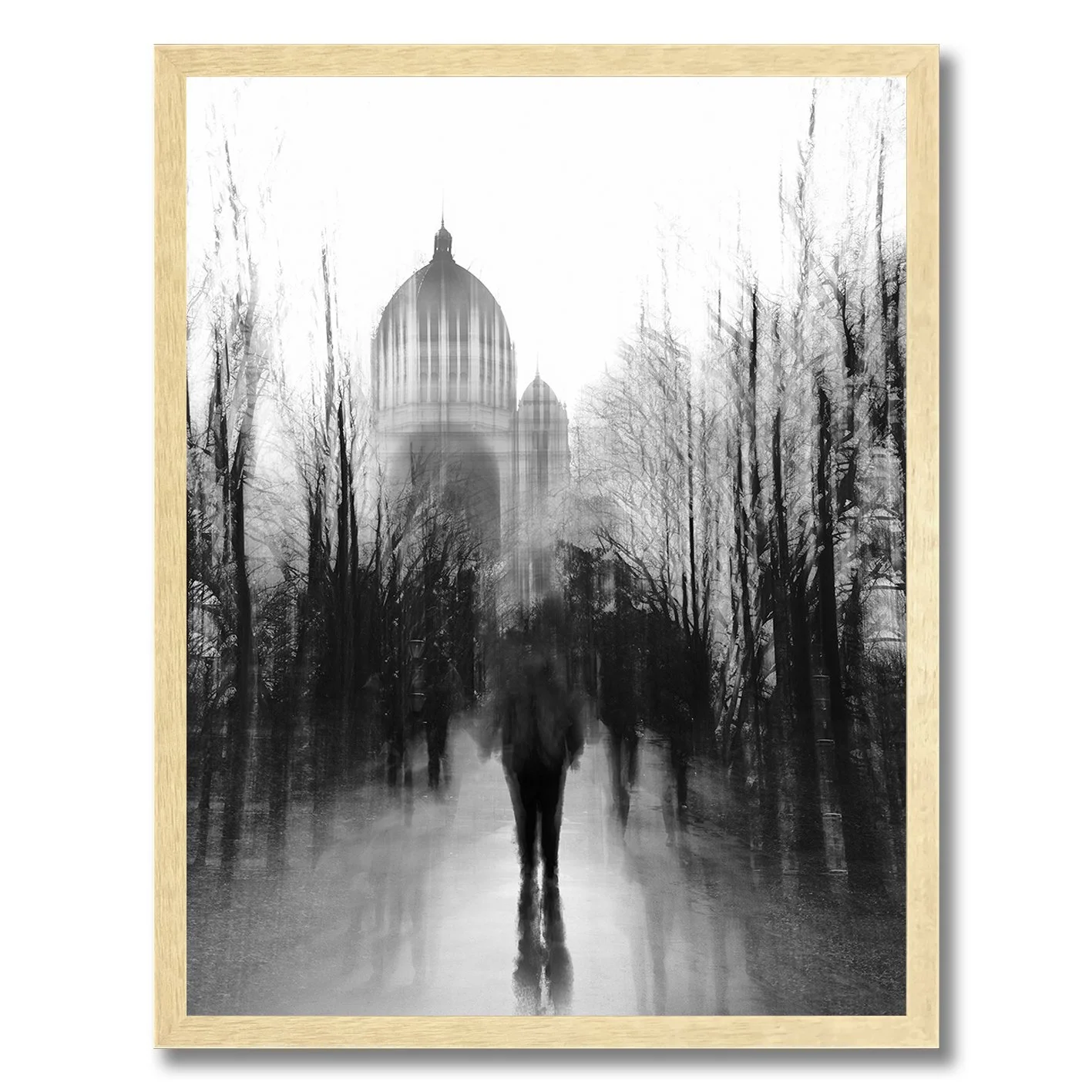 black and white abstract city park photograph with domed building