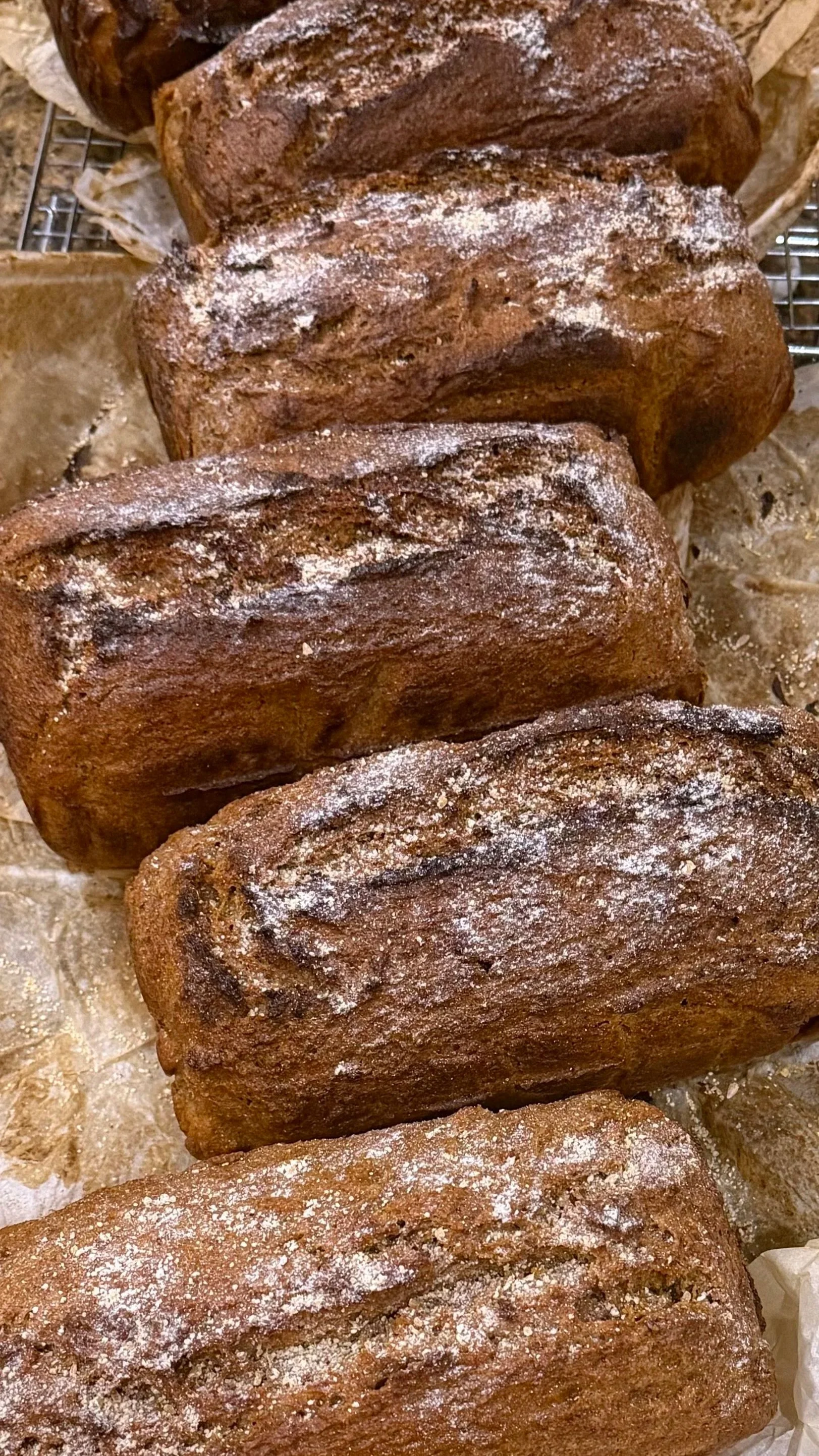 Several slices of chocolate bread dusted with powdered sugar.