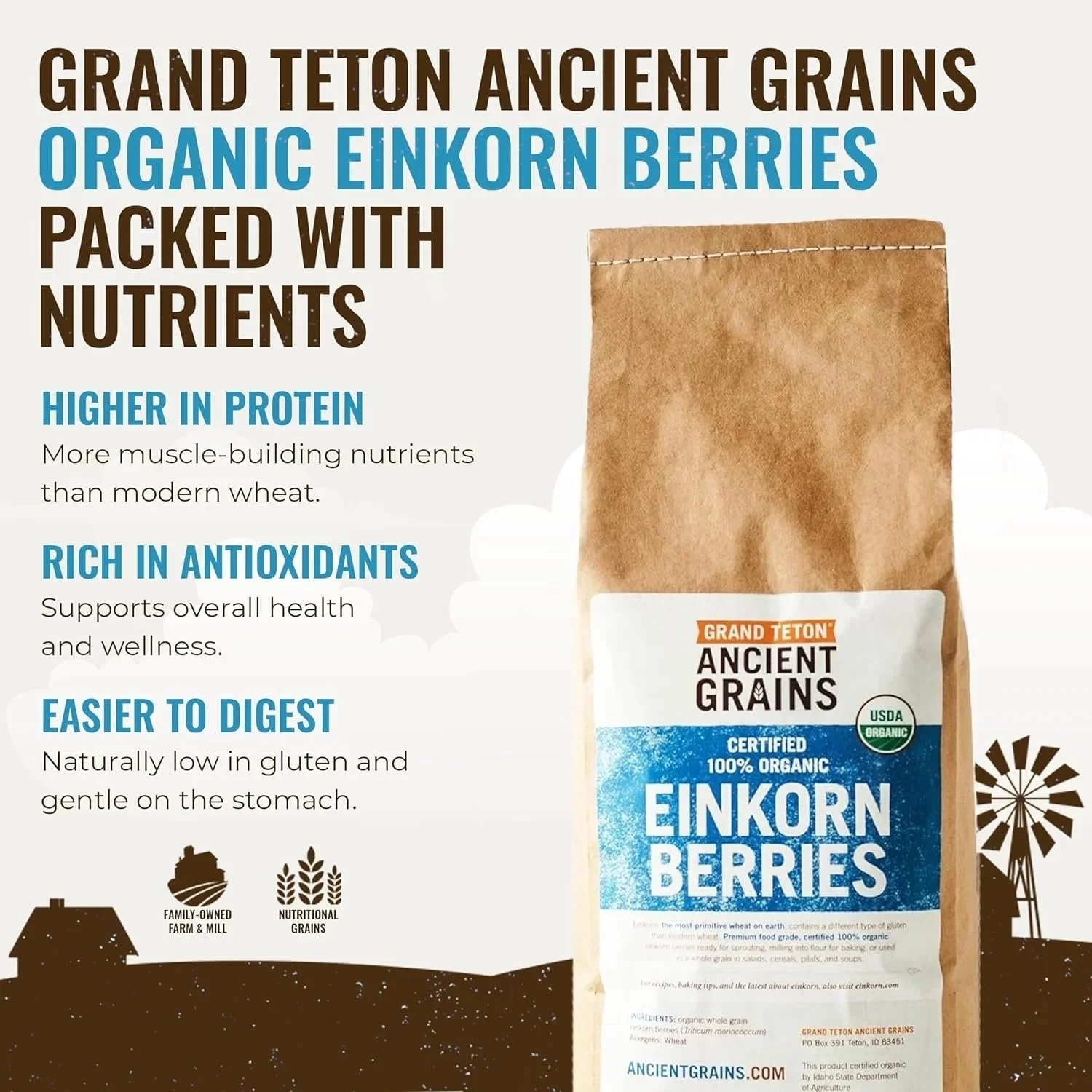 Packaging of Grand Teton Ancient Grains organic Einkorn berries, with informational text highlighting their higher protein, antioxidants, and ease of digestion, as well as icons of a farm and wheat