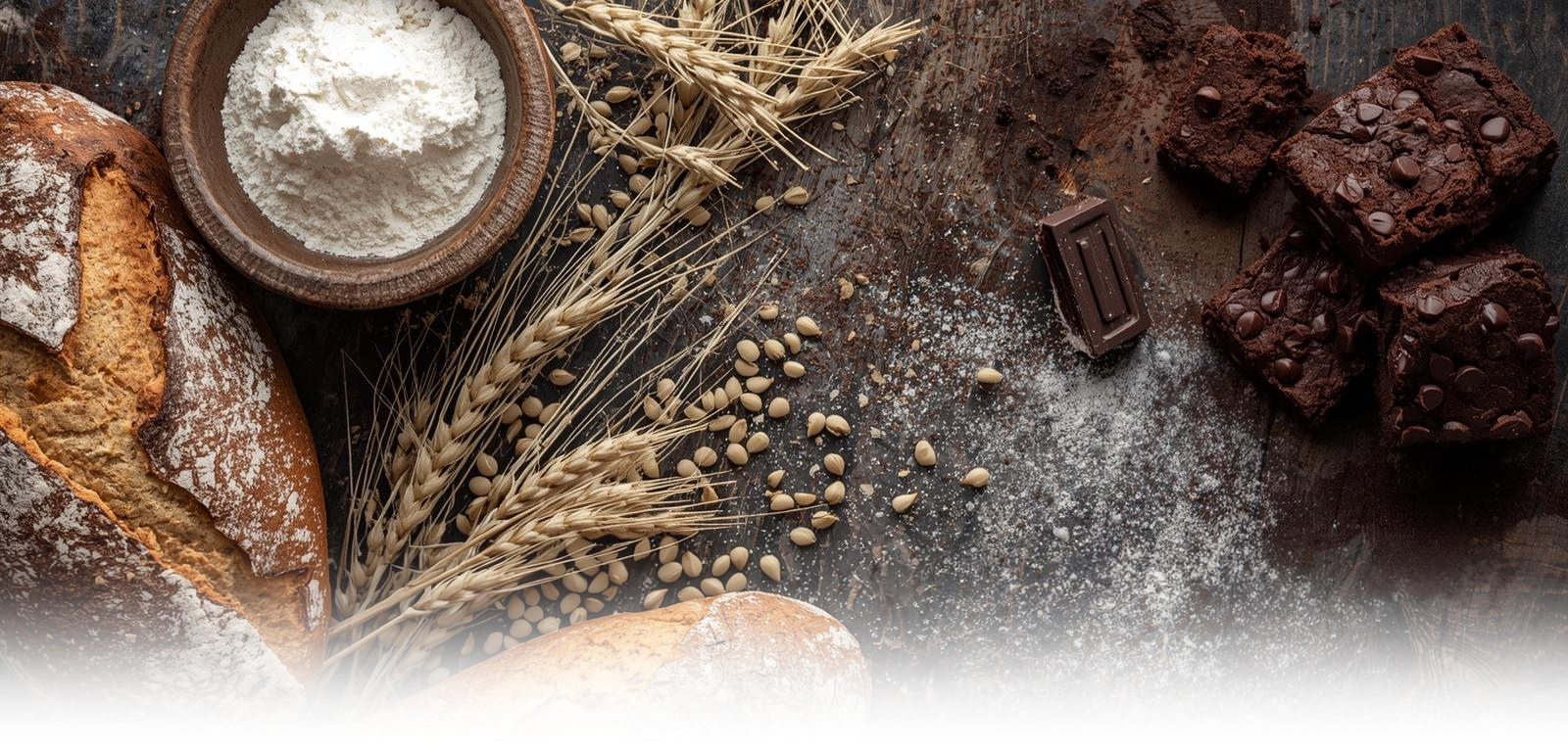 Loaf of bread, bowl of flour, wheat stalks, white and dark chocolate, and white chocolate chips on a wooden surface.