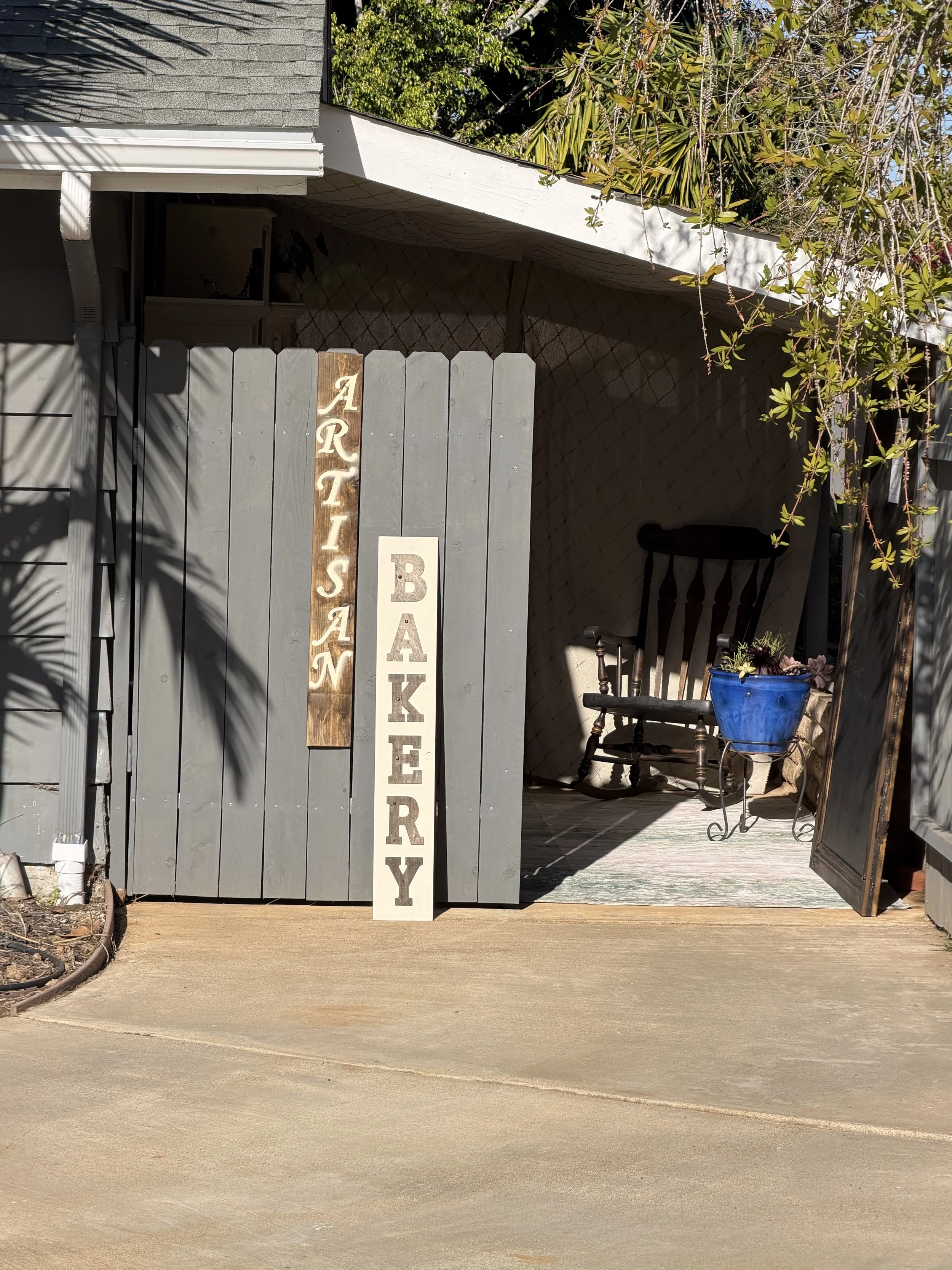 The entry way for the the pick up site 2.0 for Give Us This Day LLC Micro-bakery in Carlsbad, California.  The pick up site is open every Sunday 9-5pm for all pre-orders.