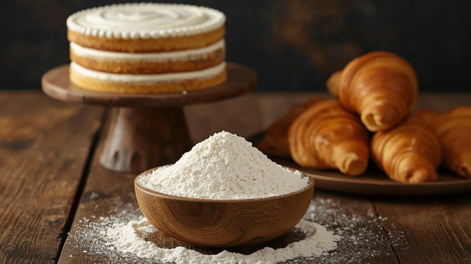 a bowl of flour on an age wooden dark table, it the background a multi layers white frosted cake and croisants.jpg