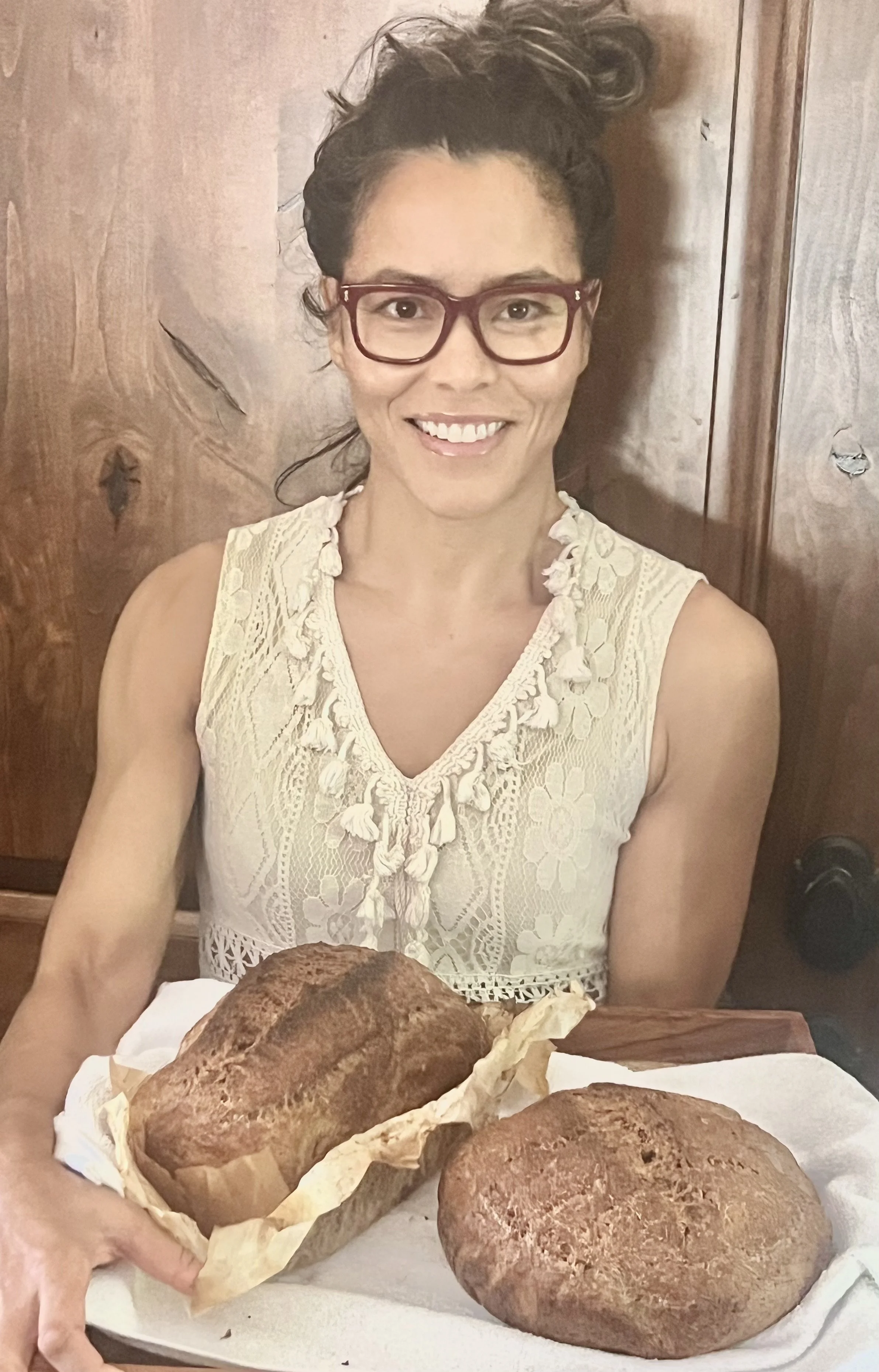 The Cbad Miller displaying some of her very first bakes of freshly stone milled whole wheat Einkorn sourdough bread; made with 80% whole wheat einkorn, 20% whole gran rye, natural levain, filtered water, and sea salt.