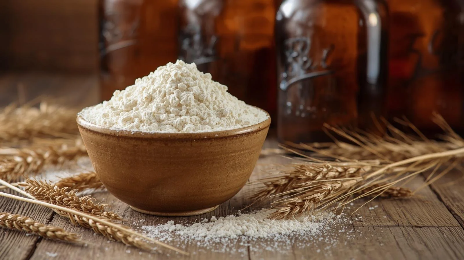 bowl of flour on a wooden table with a few 64 ounce amber glass jars in the background and a few wheat prongs(1).jpg