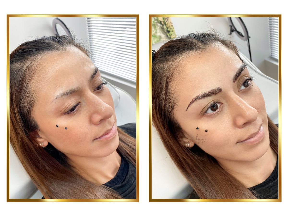 Side-by-side photos of a woman before and after getting nano eyebros, with the after photo showing more defined, arched eyebrows.