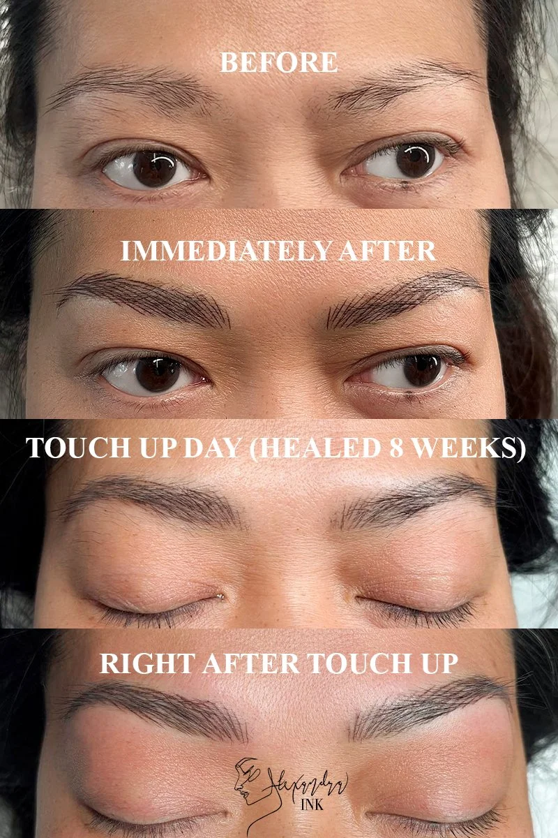 A collage showing the transformation of eyebrows before and after a touch-up procedure. The first image shows sparse eyebrows before treatment, the second depicts immediately after the touch-up, the third demonstrates healed eyebrows after 8 weeks, and the final image shows the eyebrows right after the touch-up with a label for a tattoo artist.