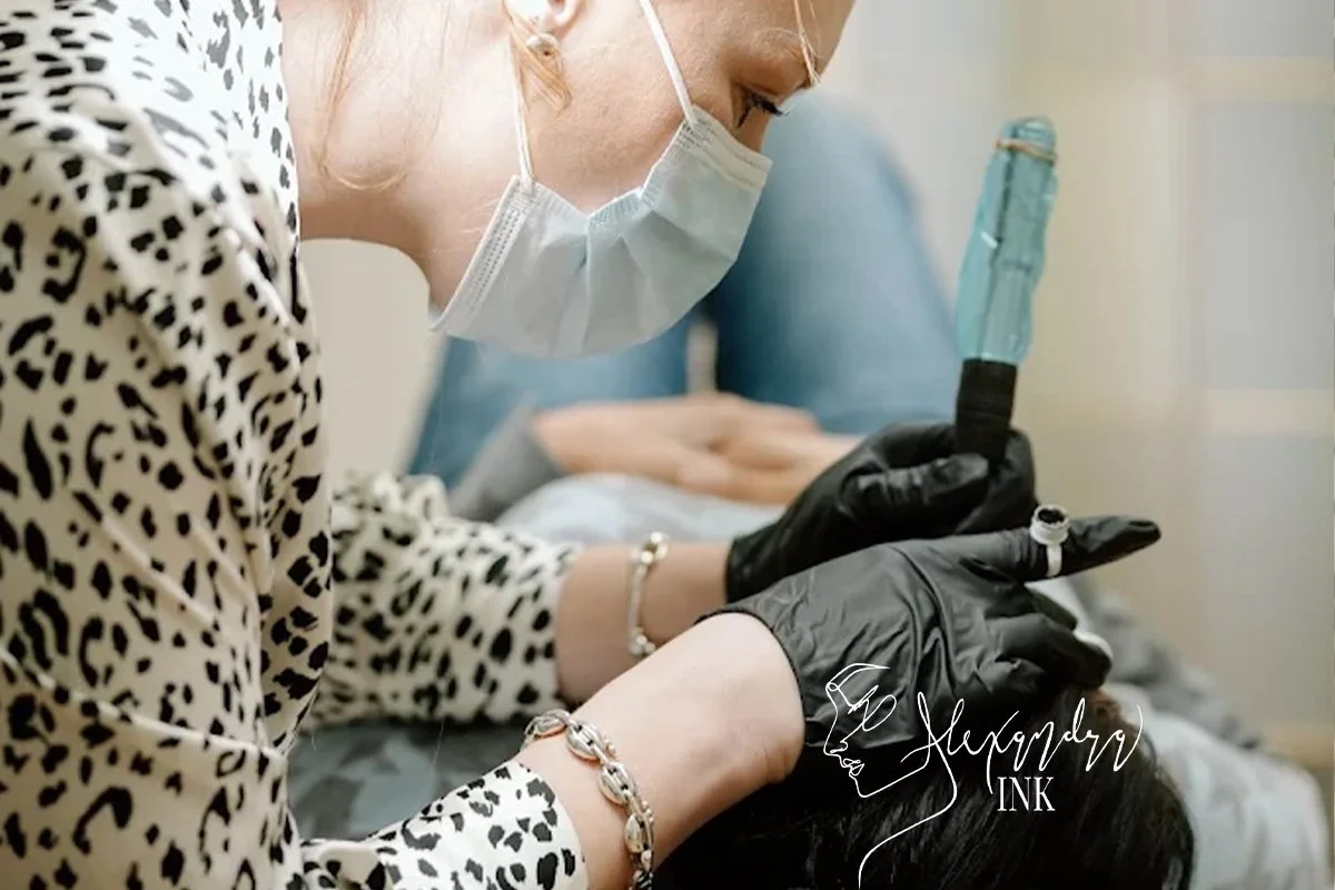 Professional artist at Alexandra Ink in Calgary performing a detailed tattoo or permanent makeup procedure with precision and care.