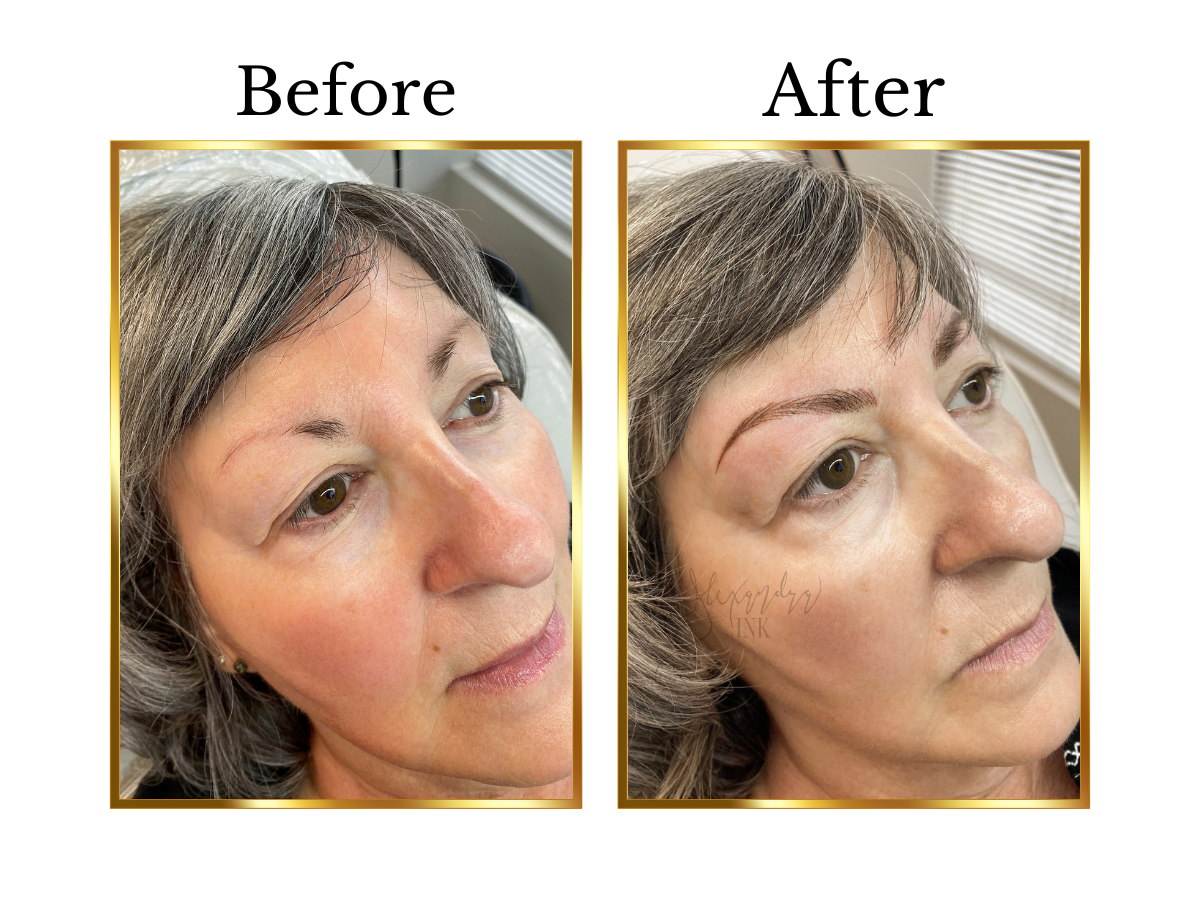Before and after nano hairstroke eyebrow treatment on mature skin, showing softly enhanced brow shape with fine, natural-looking hair strokes and improved definition by Alexandra Ink.