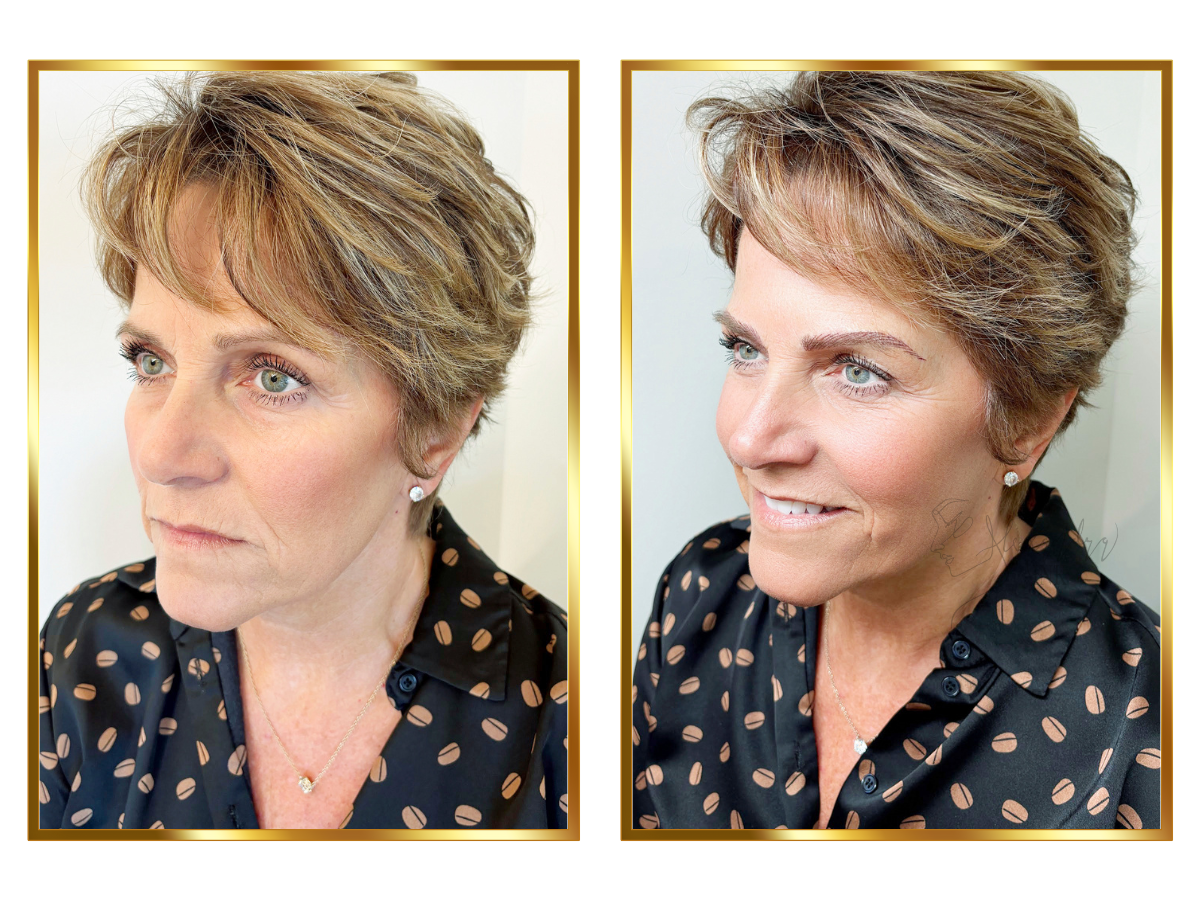 Side-by-side images of a middle-aged woman with short, layered brown hair and blue eyes, wearing a black blouse with a brown coffee bean pattern, pearl earrings, and a silver necklace, showing her before and after a haircut or styling.
