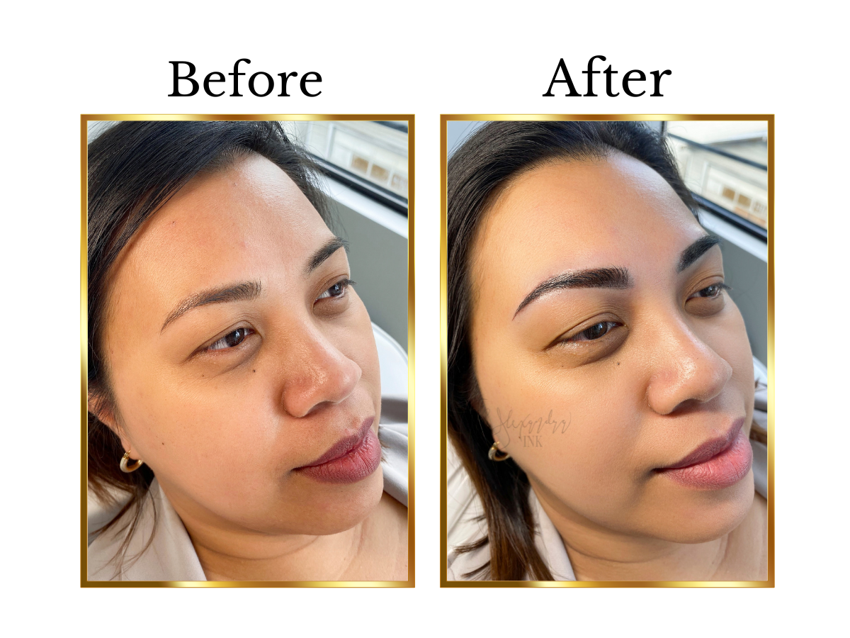 Nano ombré powder eyebrow treatment on an adult client with medium skin tone and East Asian facial features, showing softly filled, gradient brows with improved shape, definition, and balanced symmetry