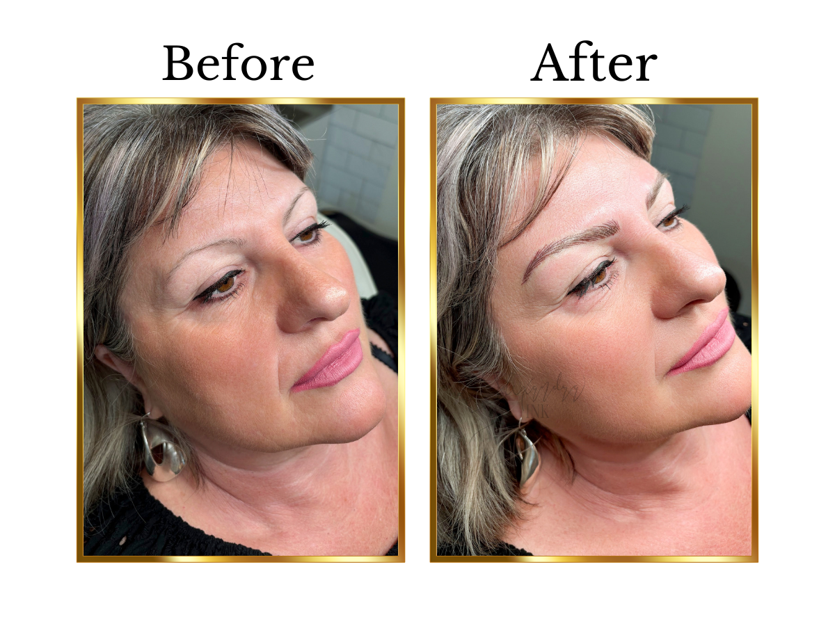 Before and after nano hairstroke eyebrow treatment on a mature client with fair skin and soft facial features, showing sparse, lightly defined brows enhanced with fine, natural-looking hair strokes for improved shape, balance, and definition by Alexa
