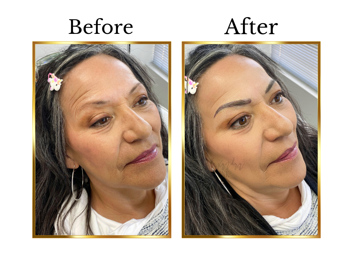 Before and after nano hairstroke eyebrow treatment on a mature client with medium skin tone and Latina facial features, showing sparse, uneven brows enhanced with soft, hair-like strokes for improved shape, symmetry, and natural definition by Alexand