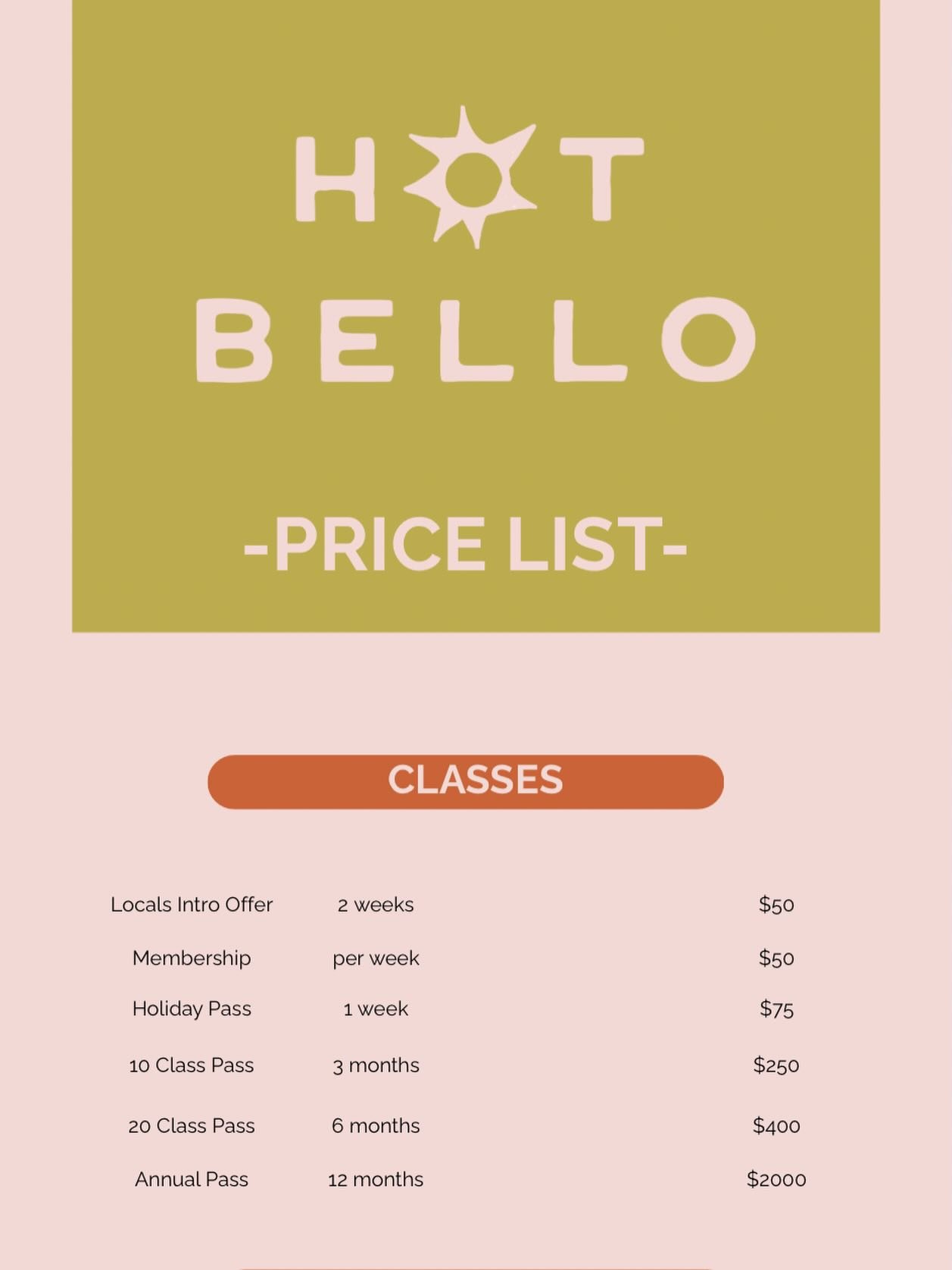 Our price list for class passes ✨