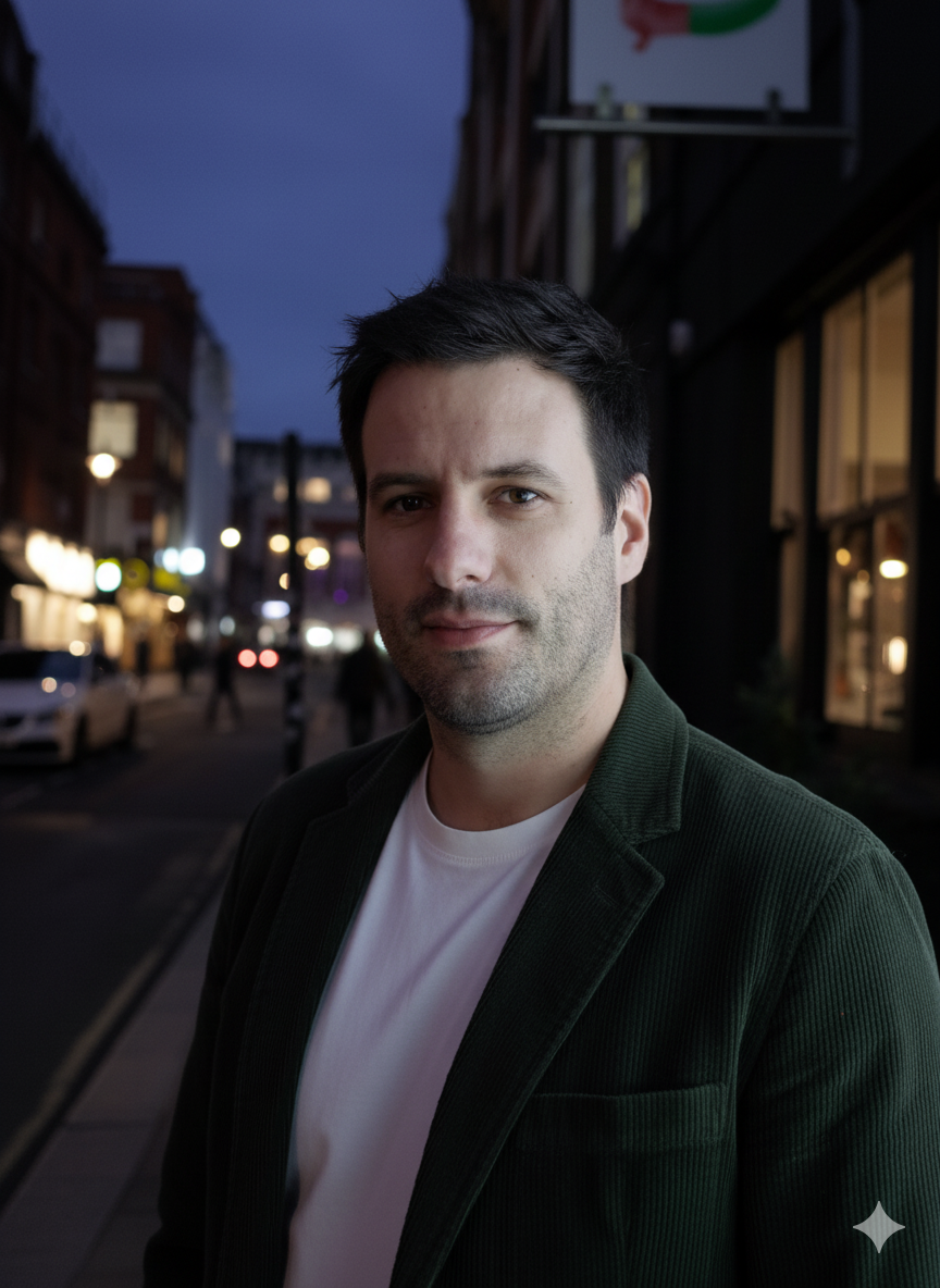 A young man with dark hair and light skin standing outdoors at dusk, wearing a dark blazer and a white t-shirt, with a city street and illuminated buildings in the background.