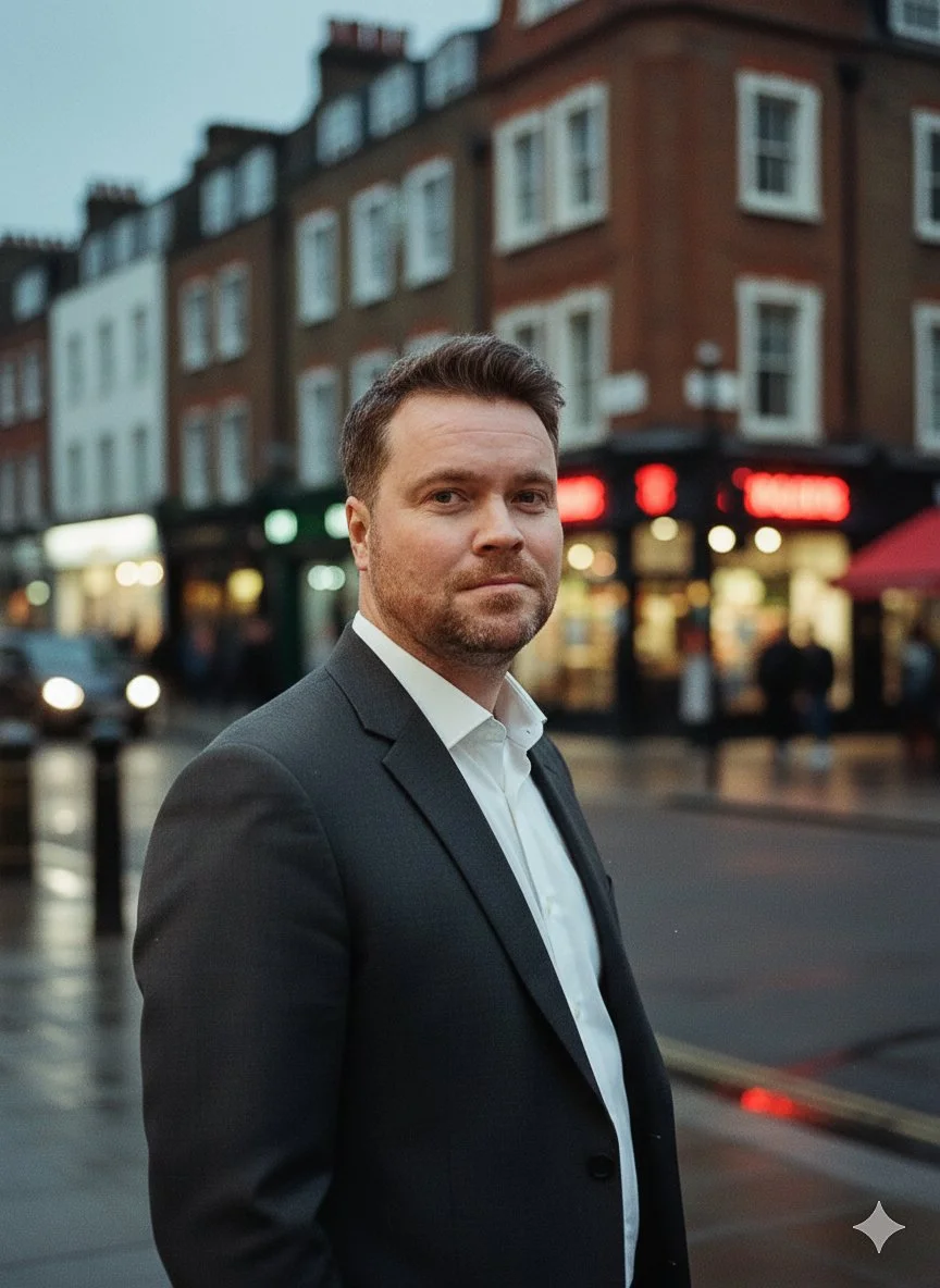 A man in a black suit and white shirt standing on a city street at dusk. There are blurred buildings and storefronts with neon signs in the background.